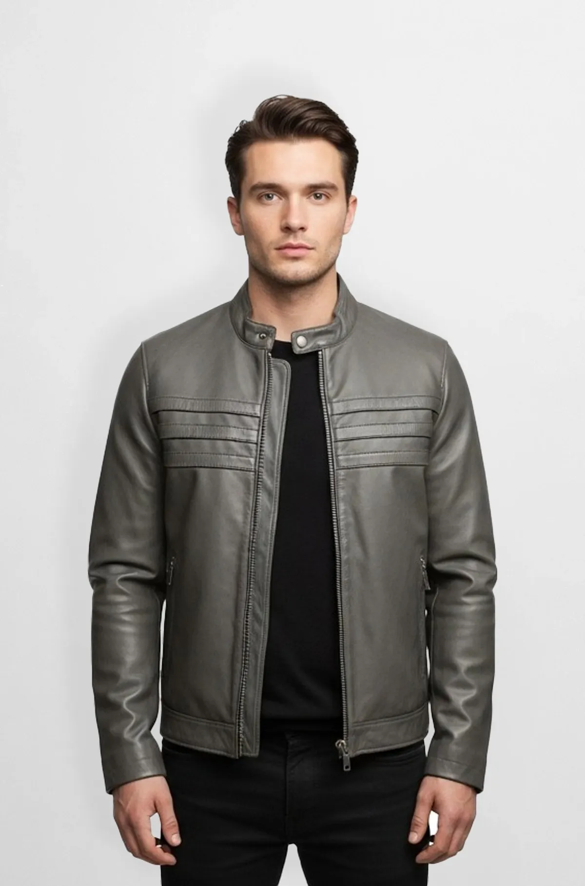 Premium Stitched Grey Leather Bomber Jacket