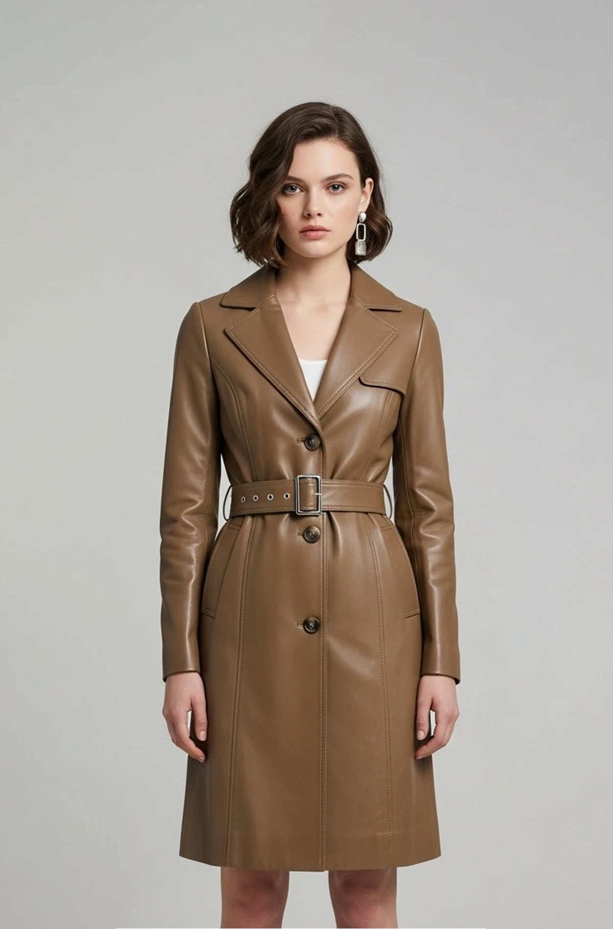 Premium Genuine Brown Leather Trench Coat