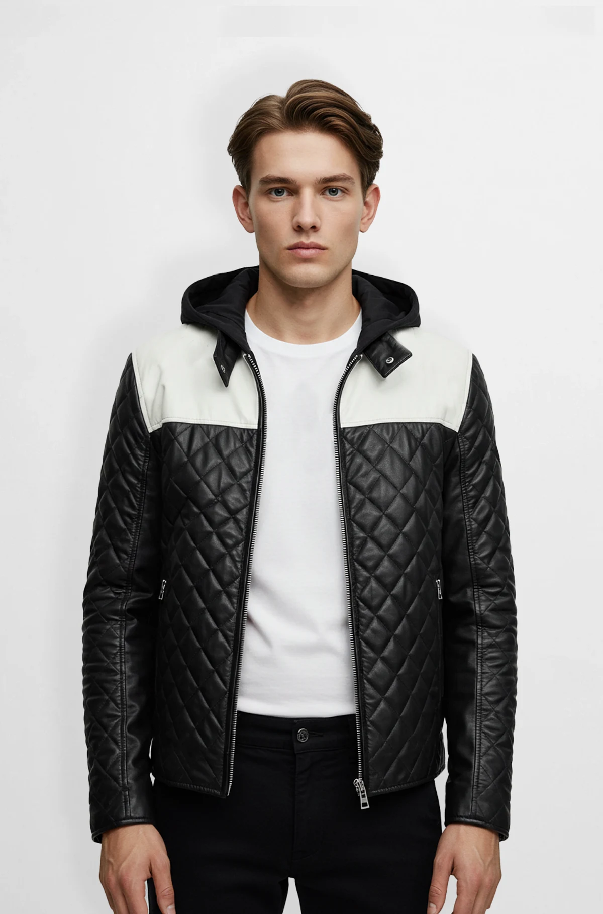 Quilted Leather Jacket with Hood for Men