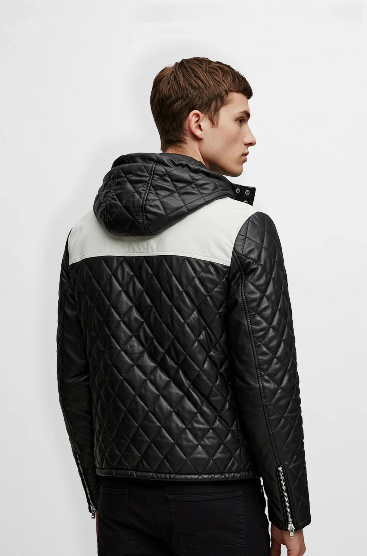 Quilted Leather Jacket with Hood for Men