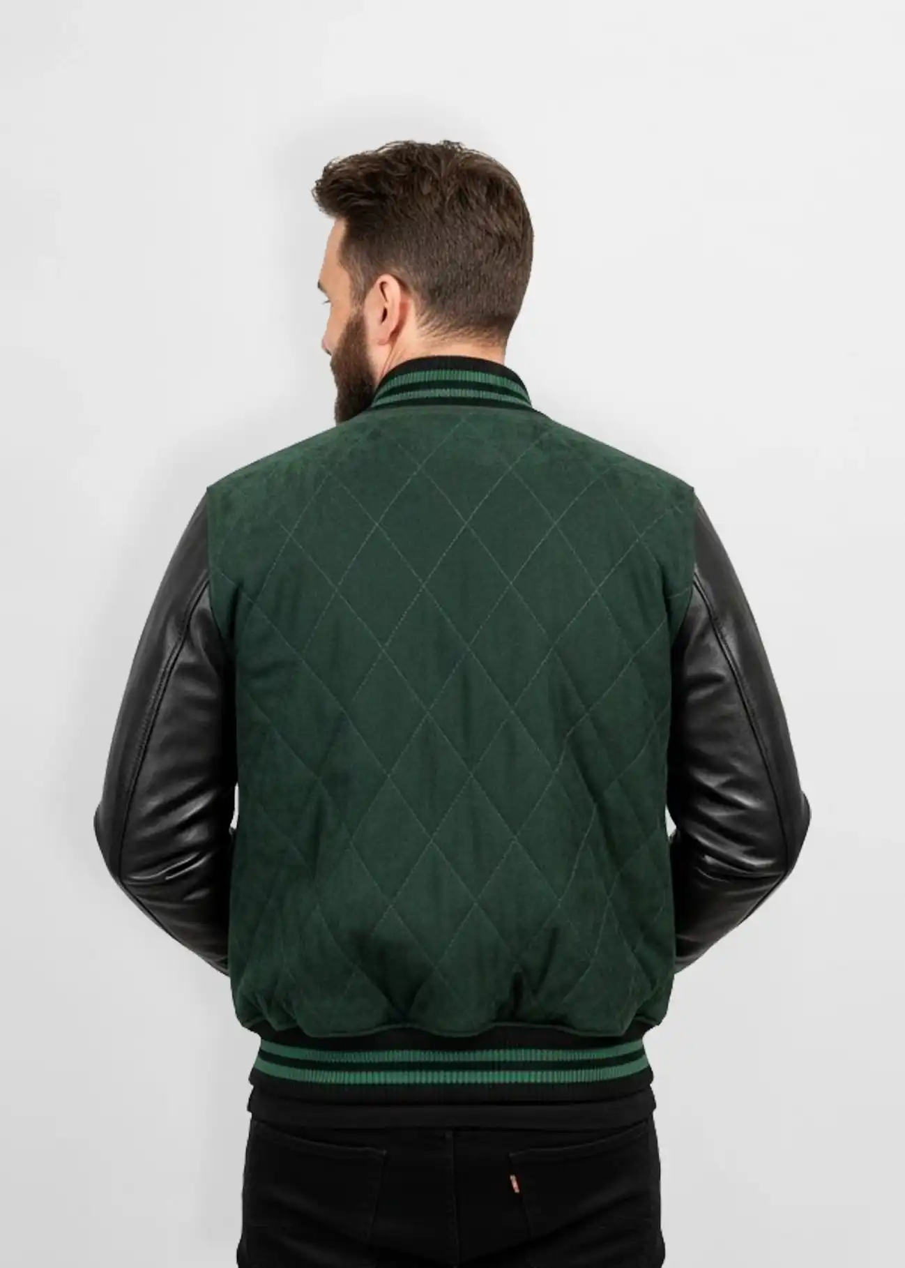 Quilted Forest Green Suede Leather Varsity Jacket