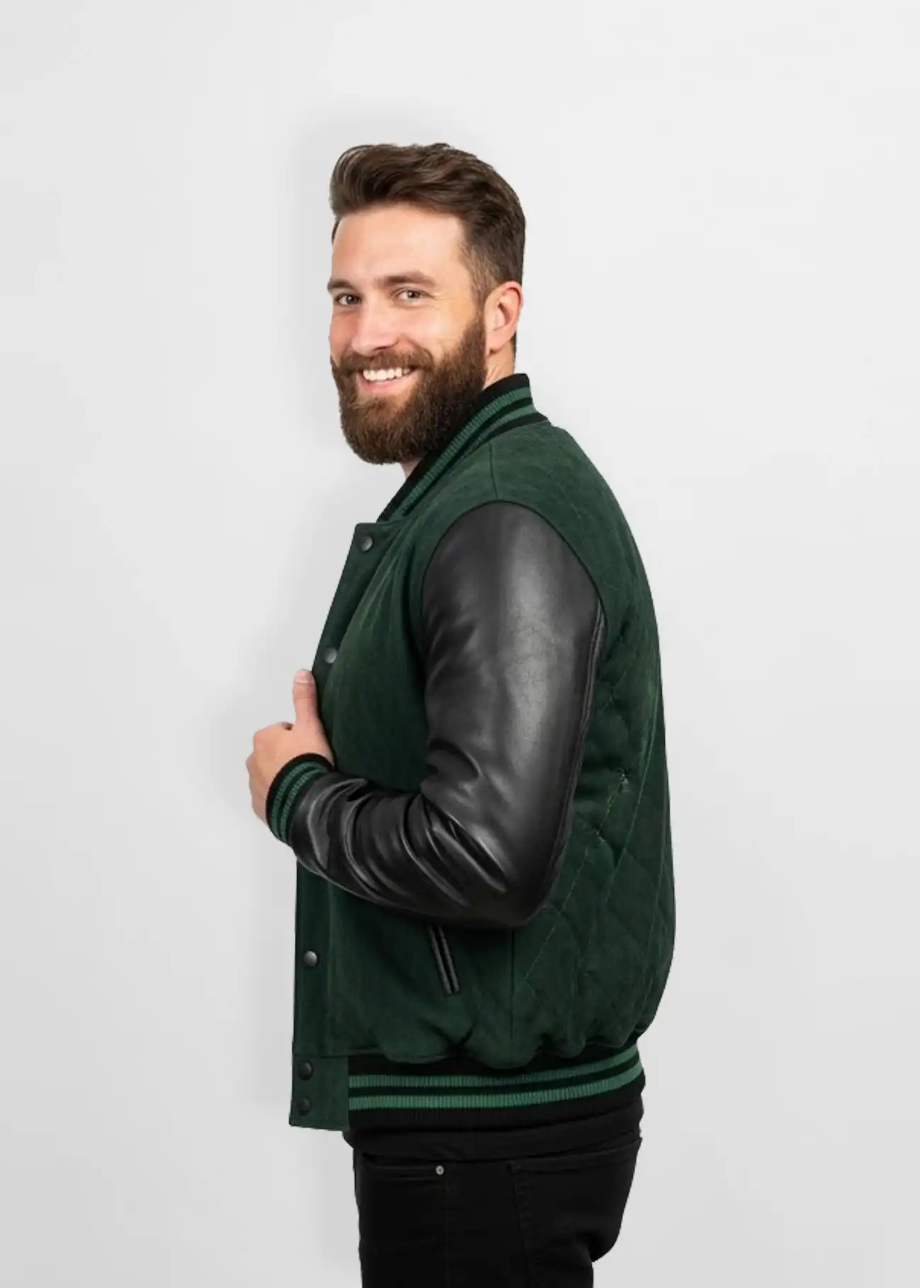 Quilted Forest Green Suede Leather Varsity Jacket