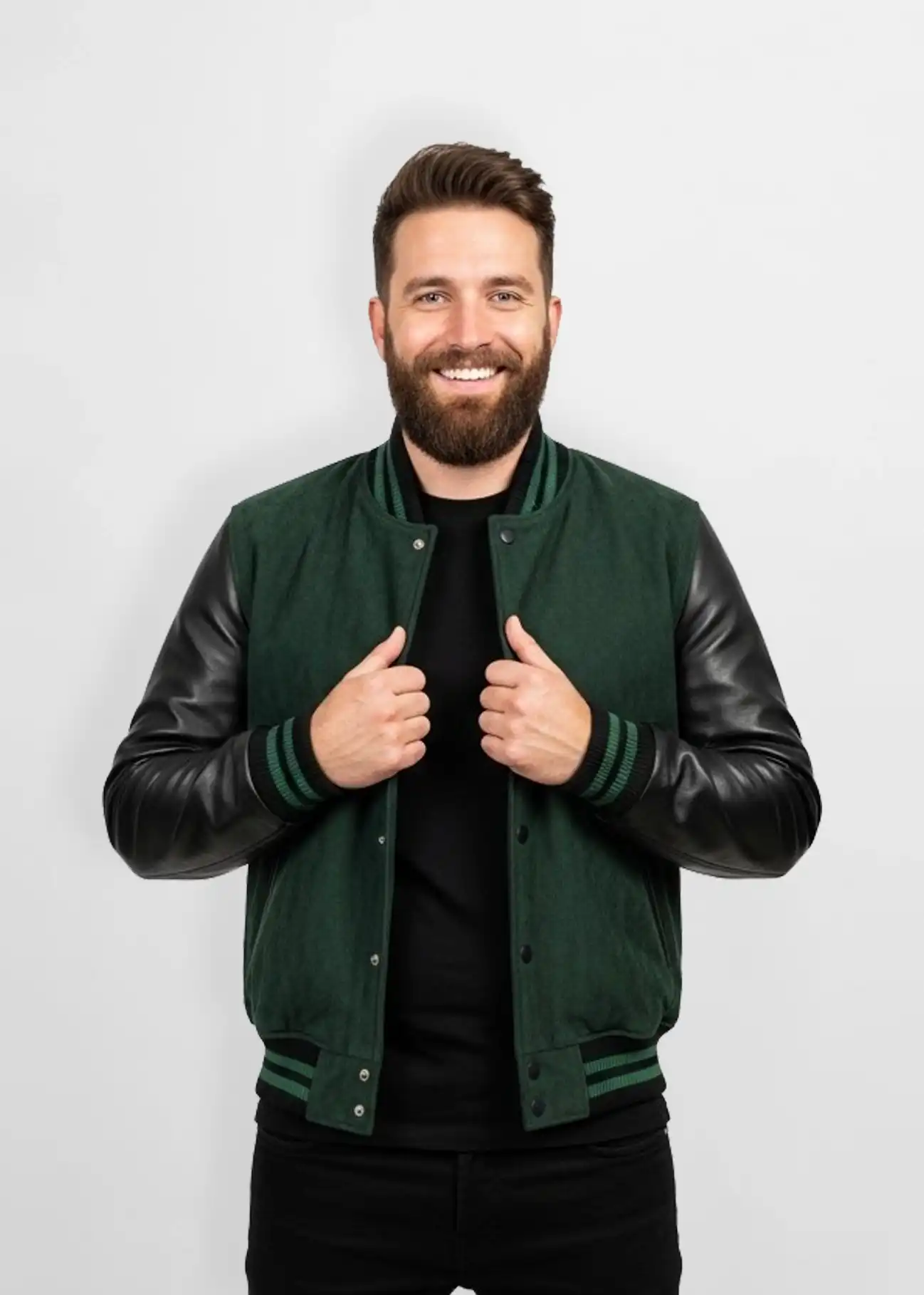 Quilted Forest Green Suede Leather Varsity Jacket