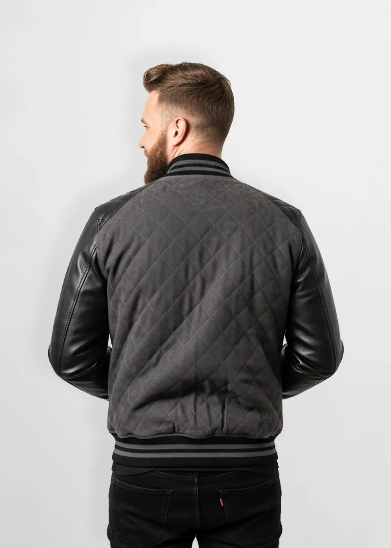 Quilted Grey Suede Leather Varsity Jacket