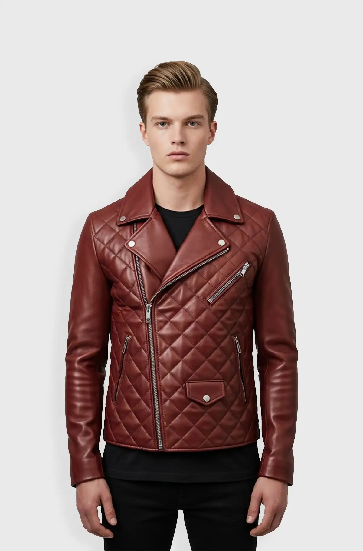 Quilted Maroon Leather Biker Jacket