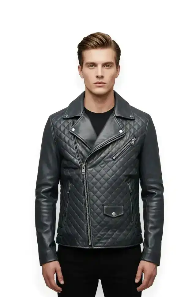 Quilted Midnight Blue Leather Biker Jacket