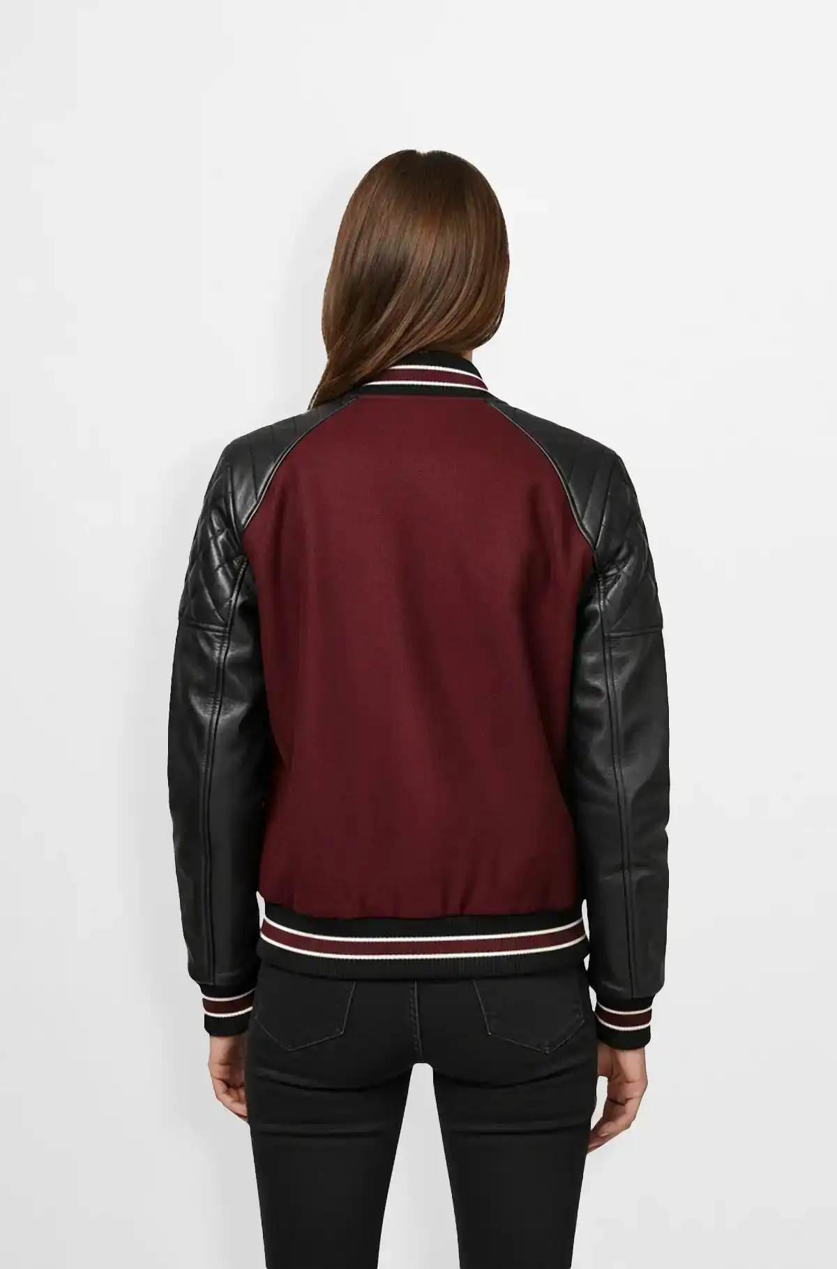 Quilted Sleeves Burgundy Varsity Leather Jacket