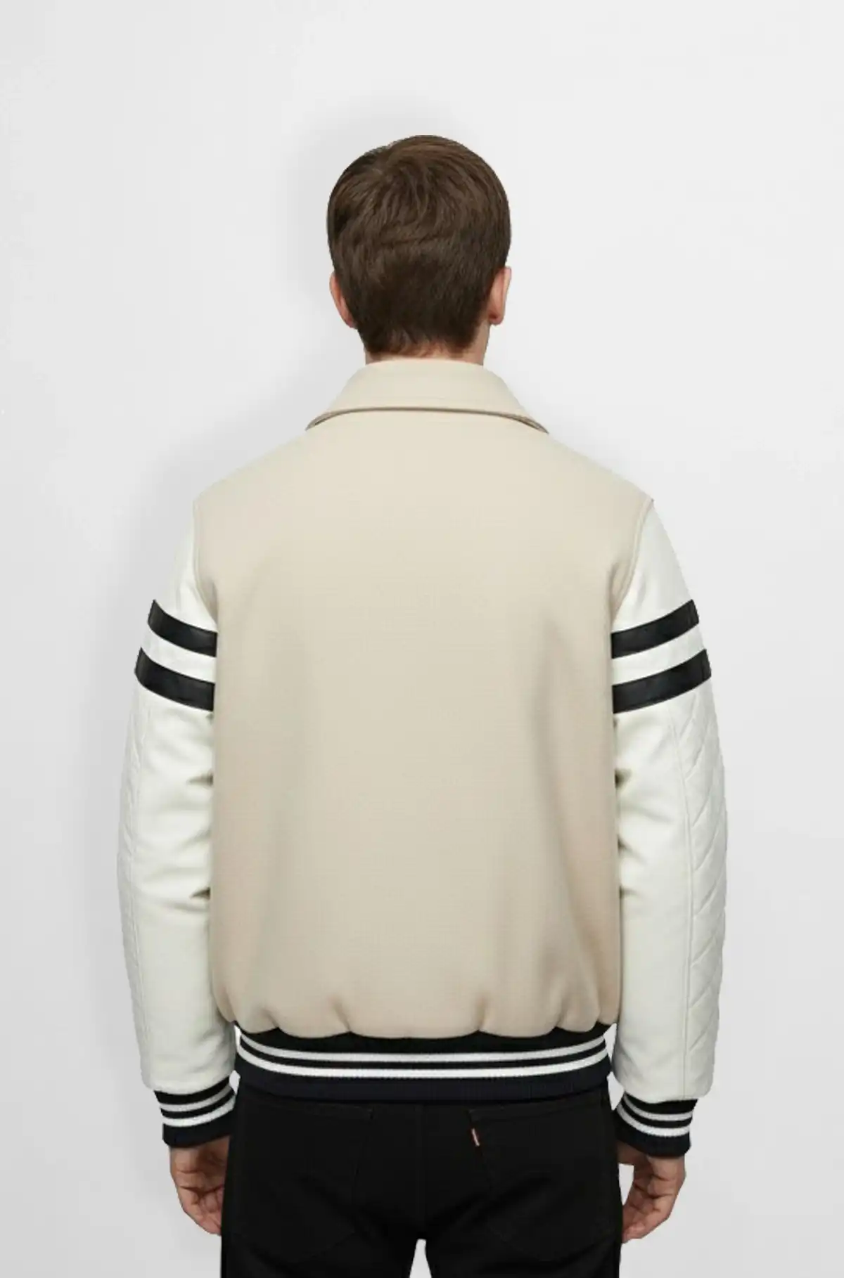 Quilted Stone Beige Wool Leather Varsity Jacket