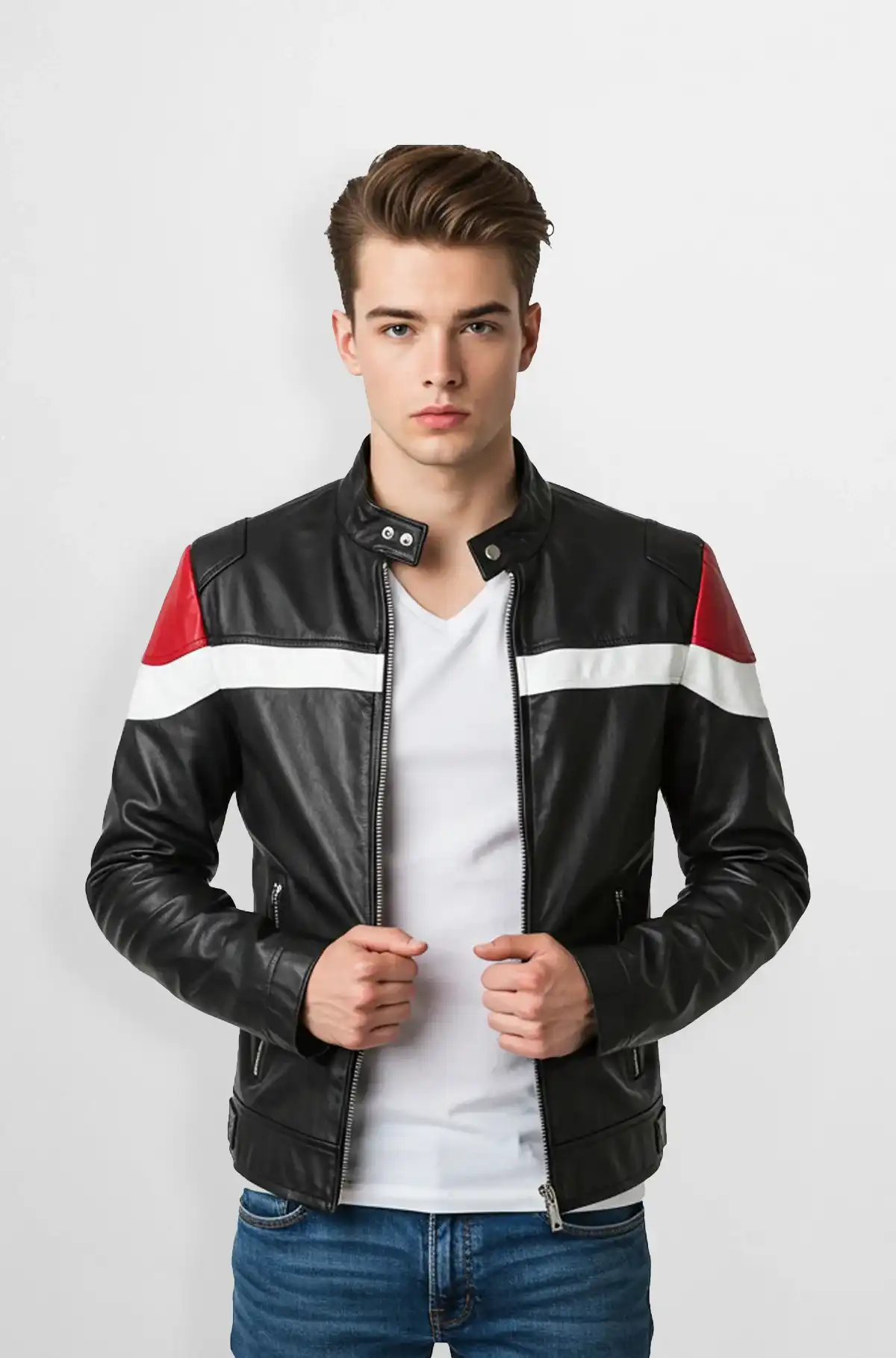 Red And white Block Black Racer Leather Jacket