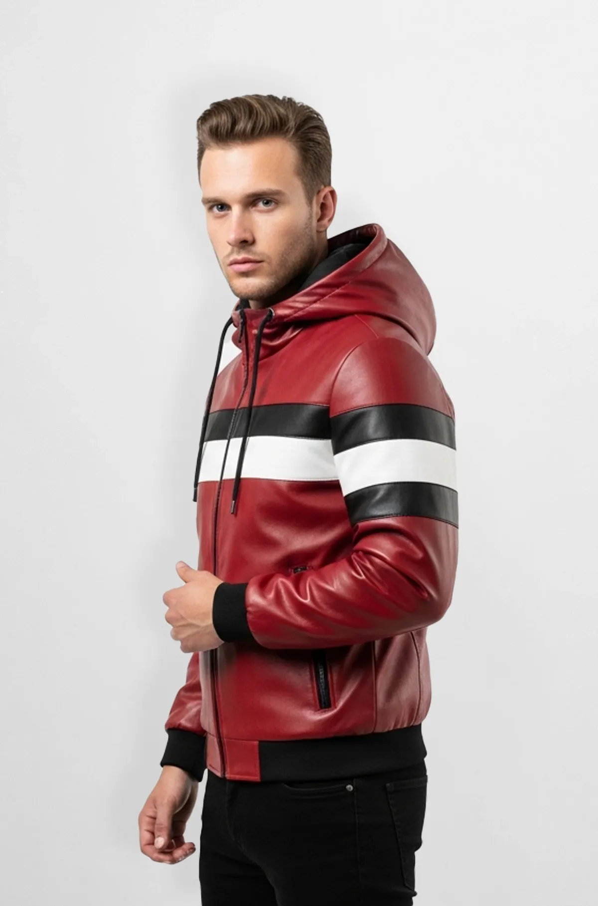 Red with White And Black Stripes Hooded Jacket