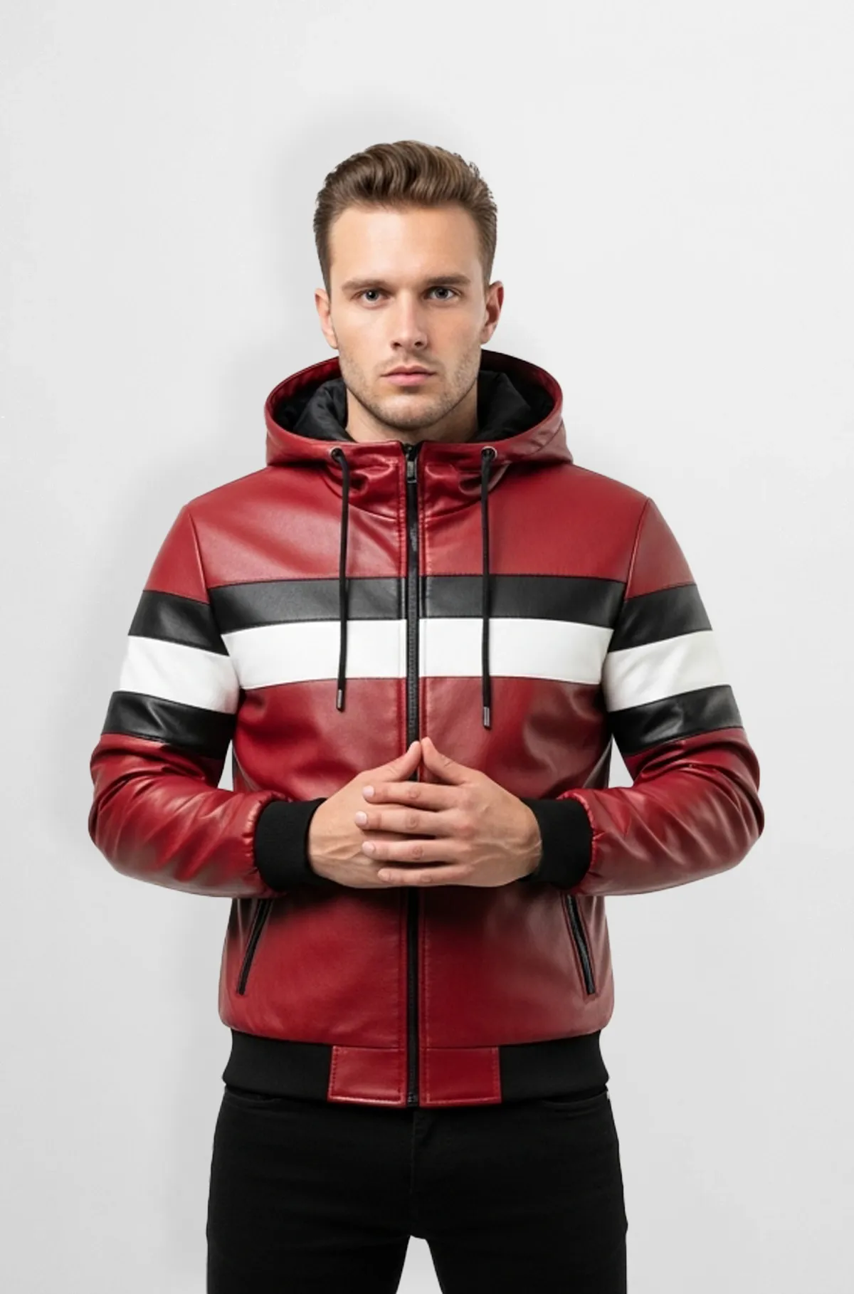 Red with White And Black Stripes Hooded Jacket
