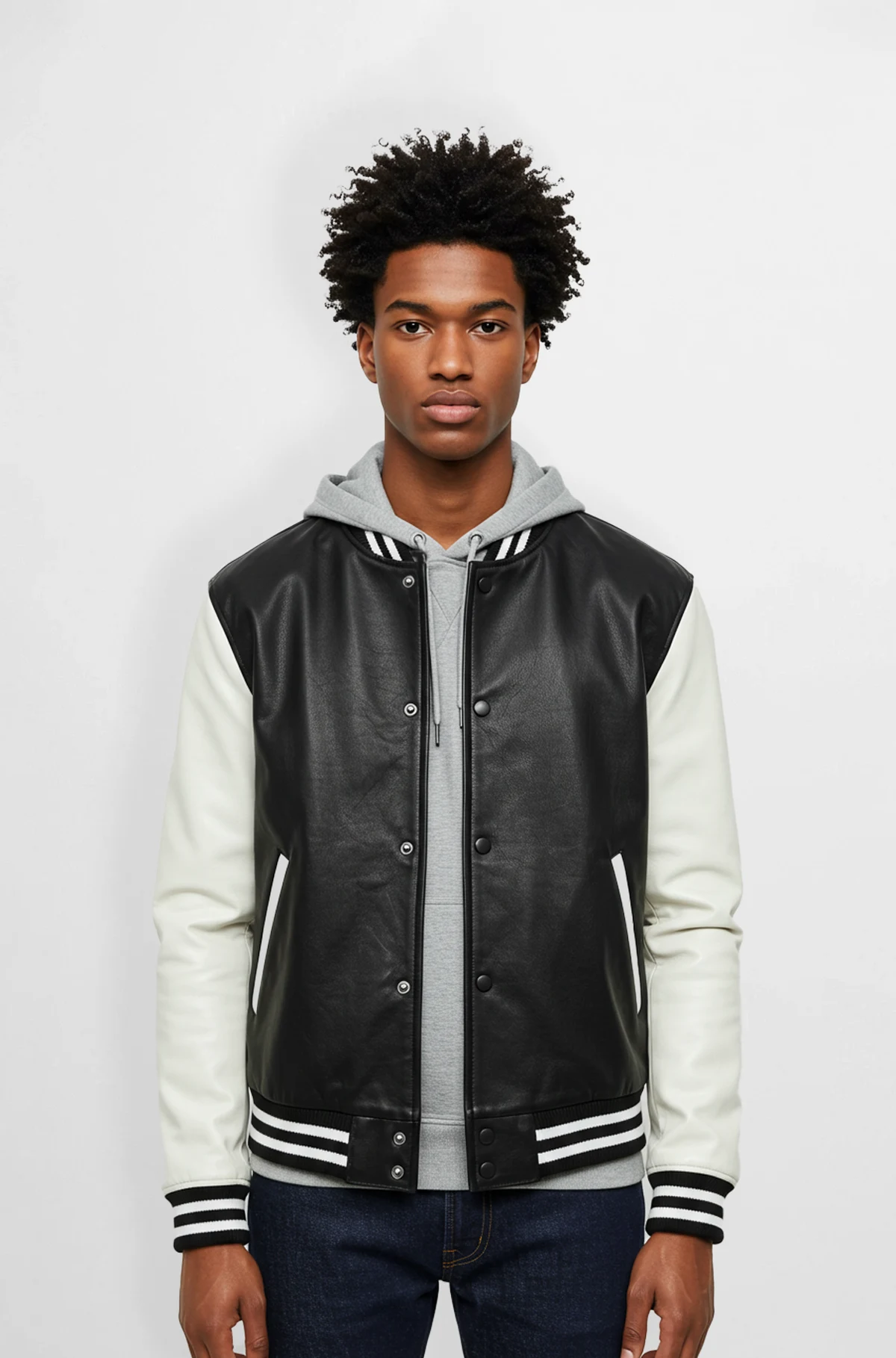 Rich black and white varsity leather jacket