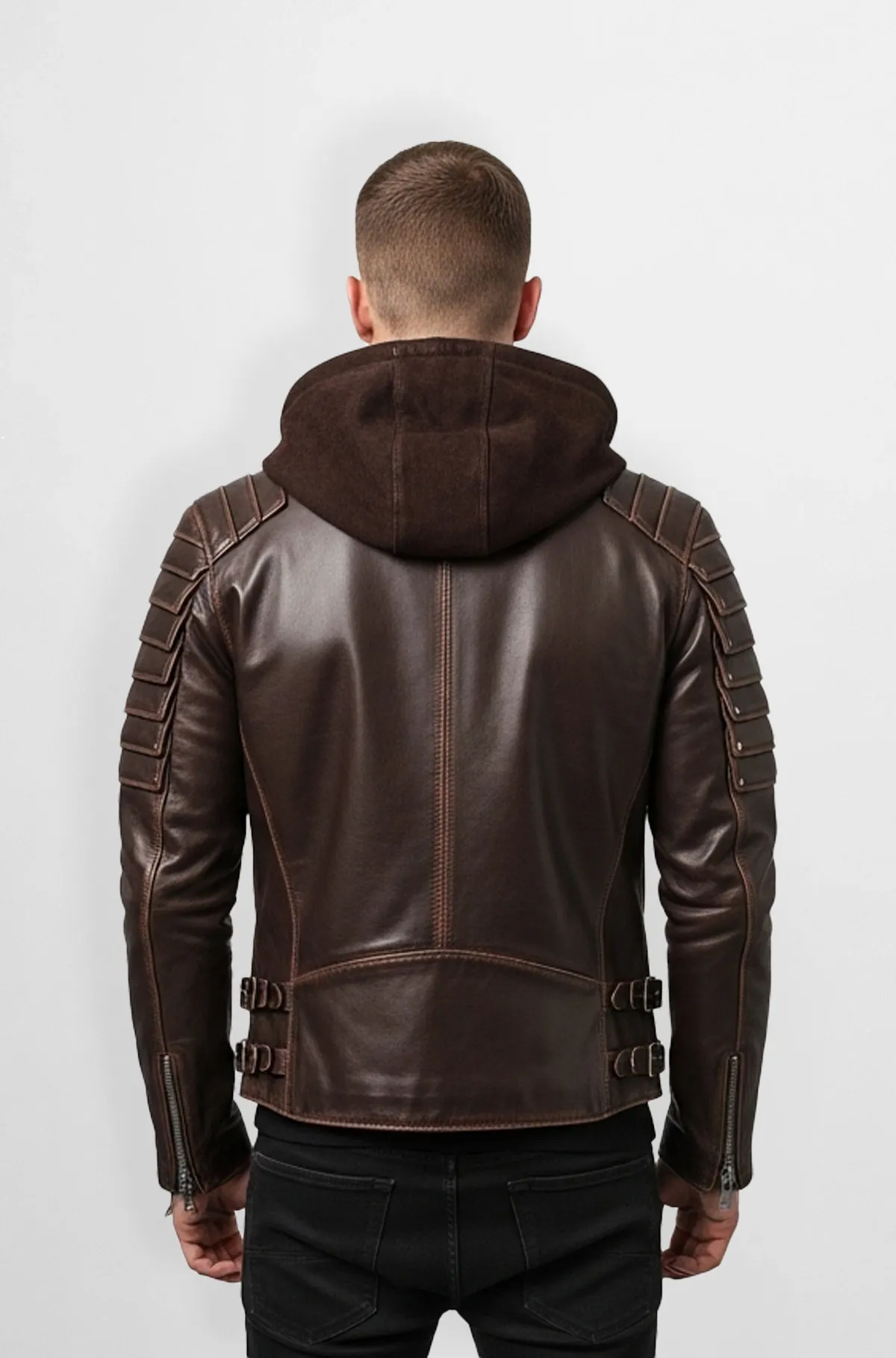 RiderX Hooded Brown Leather Biker Jacket