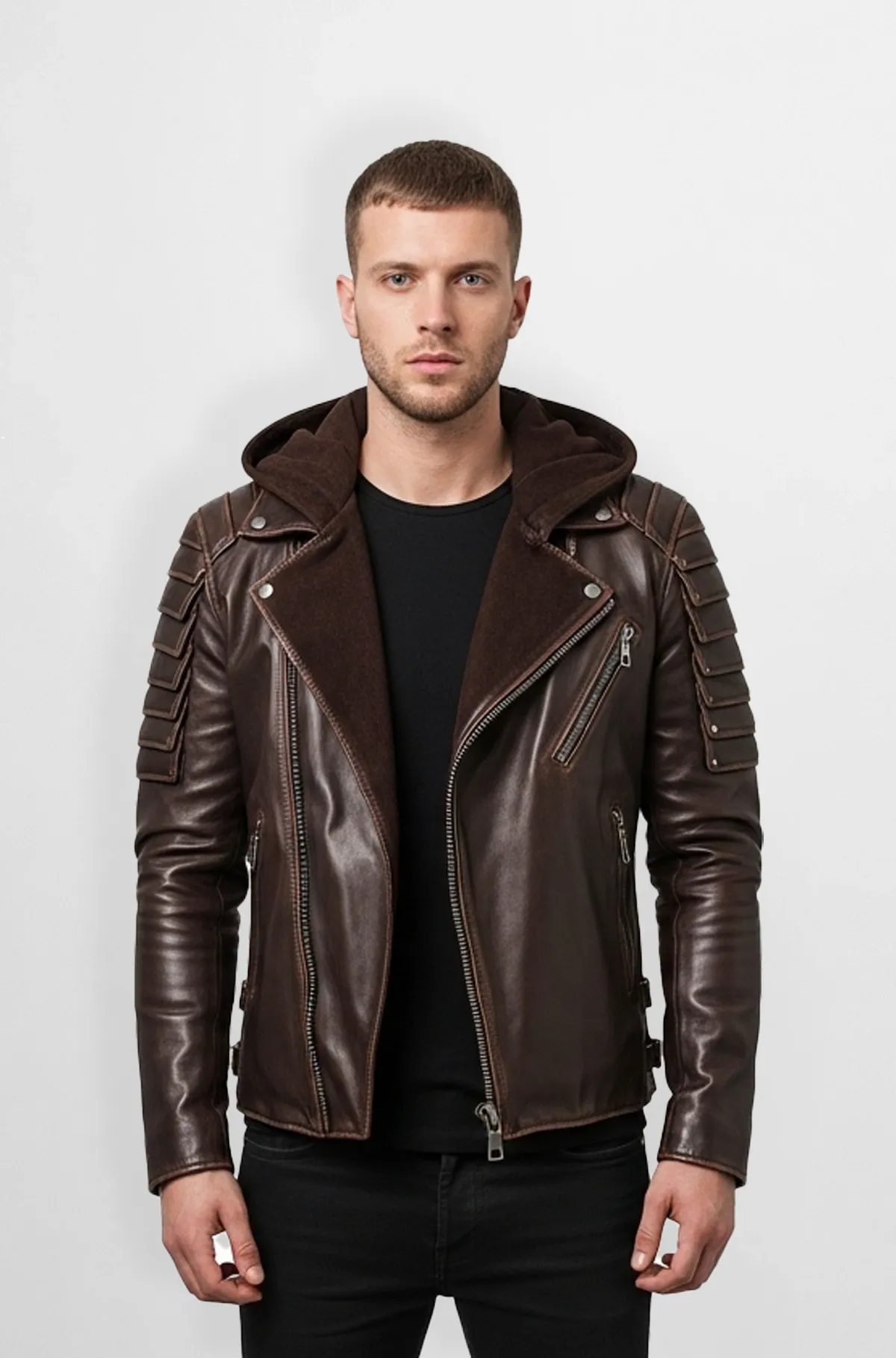 RiderX Hooded Brown Leather Biker Jacket