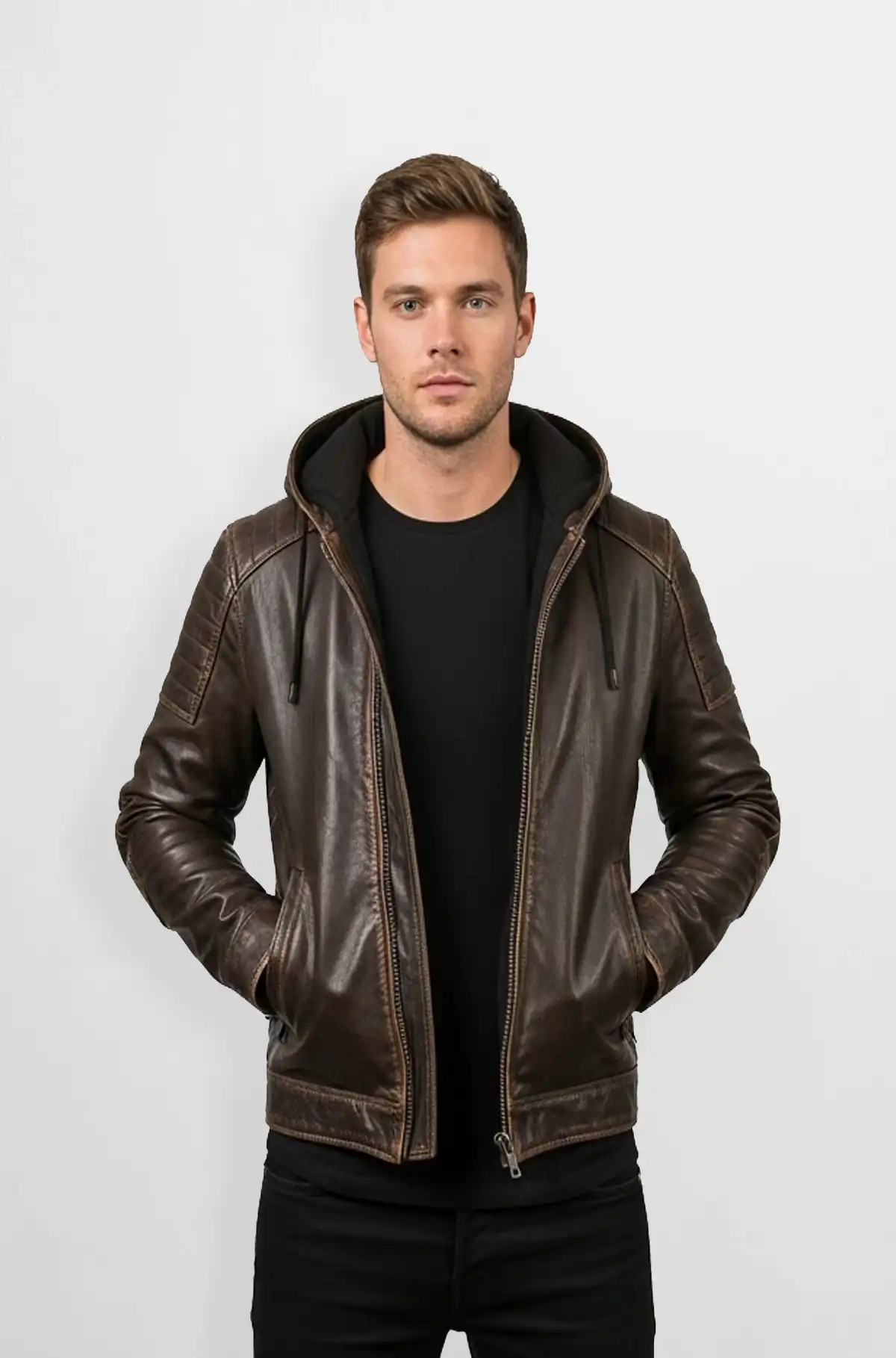 RustRider Hooded Biker Leather Jacket