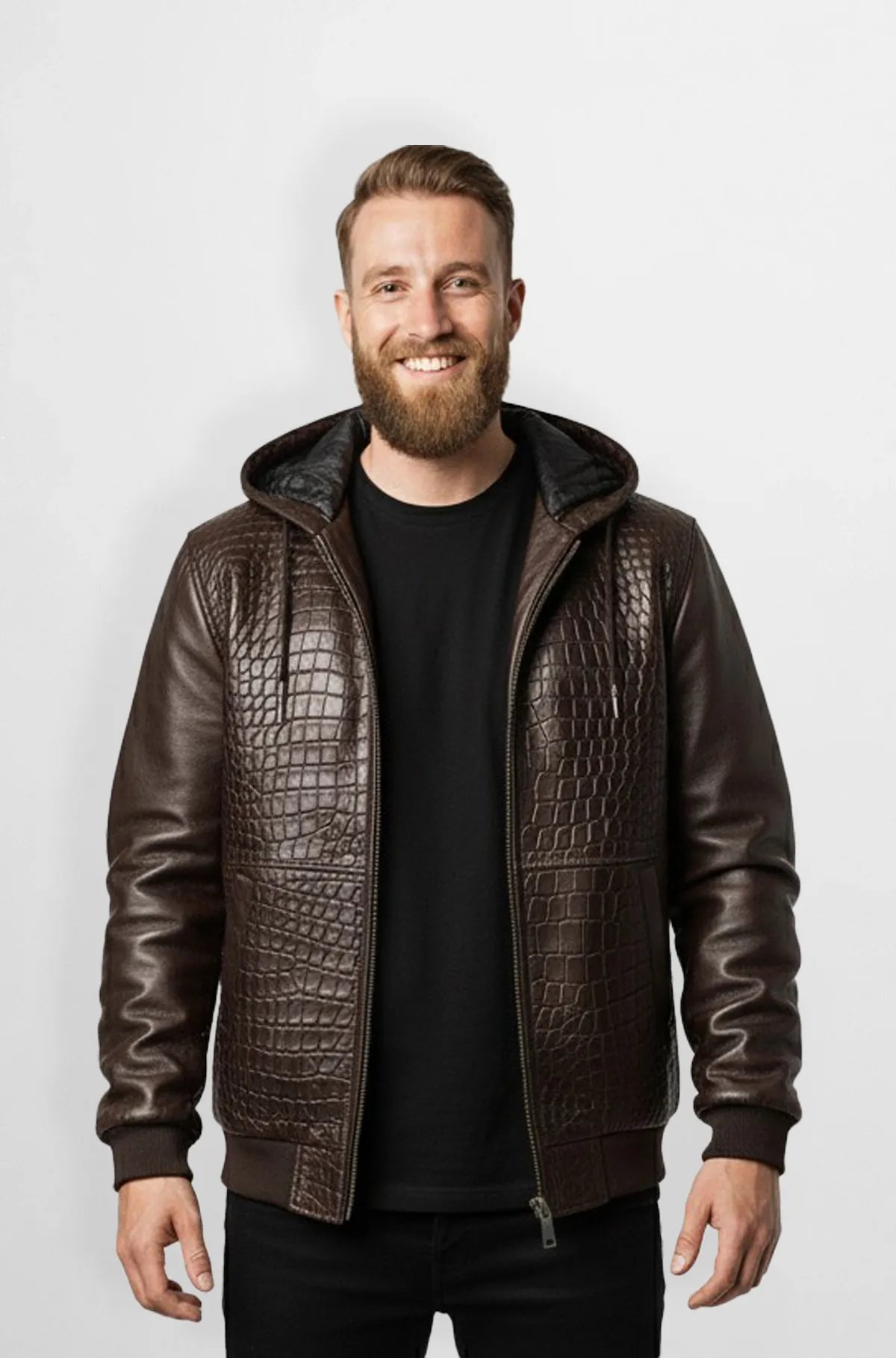 Savage Croc Embossed Chocolate Leather Hoodie