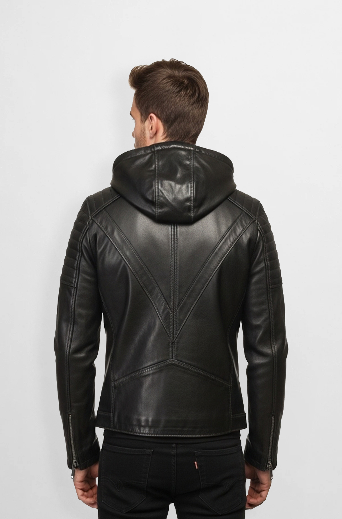 Shadow Line Black Hooded Biker Leather Jacket