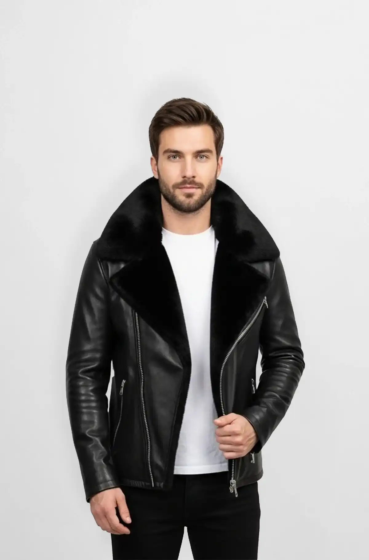 Shearling Collar Leather Biker Jacket