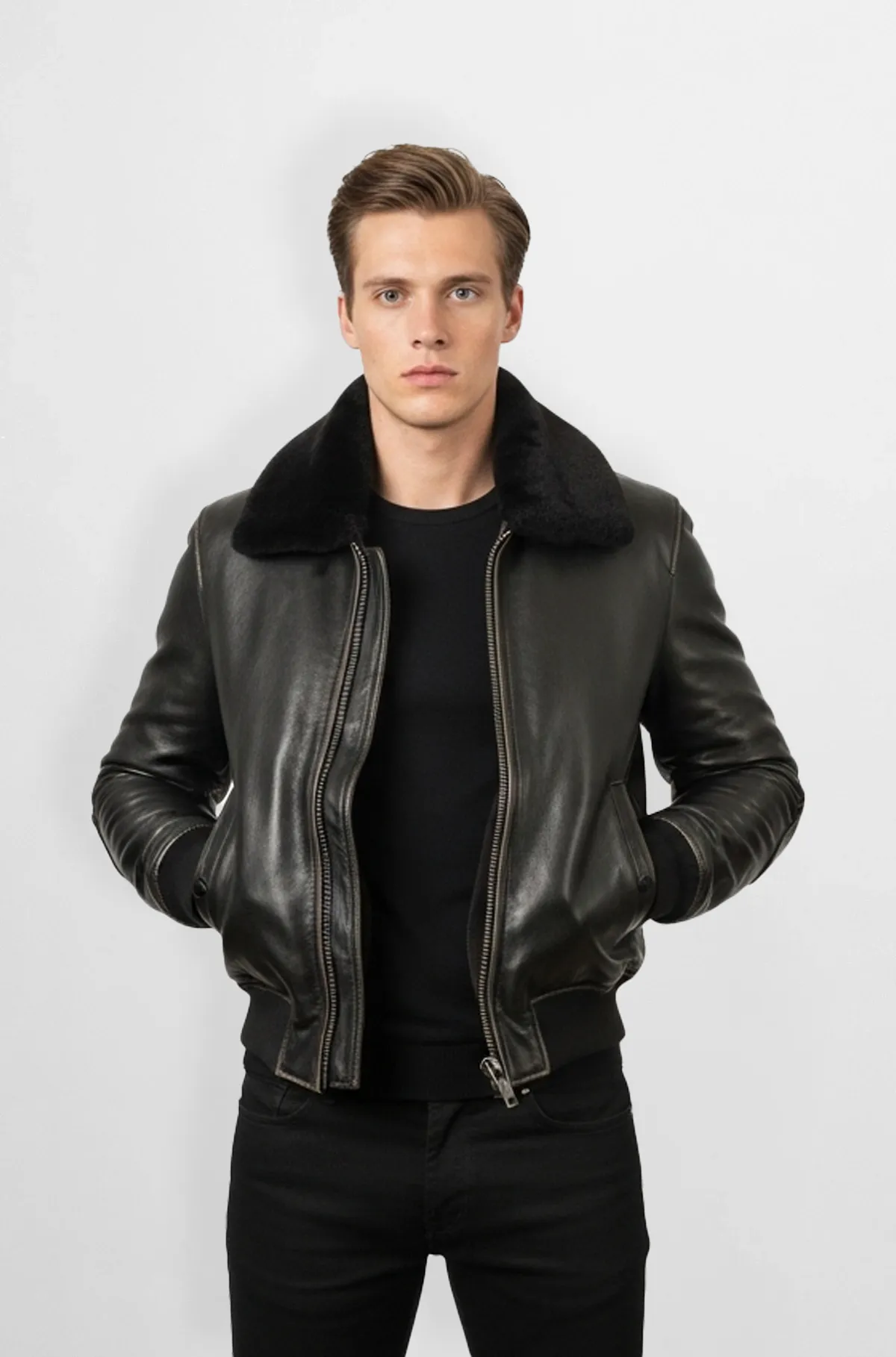 Shearling Jet Black Leather Bomber Jacket