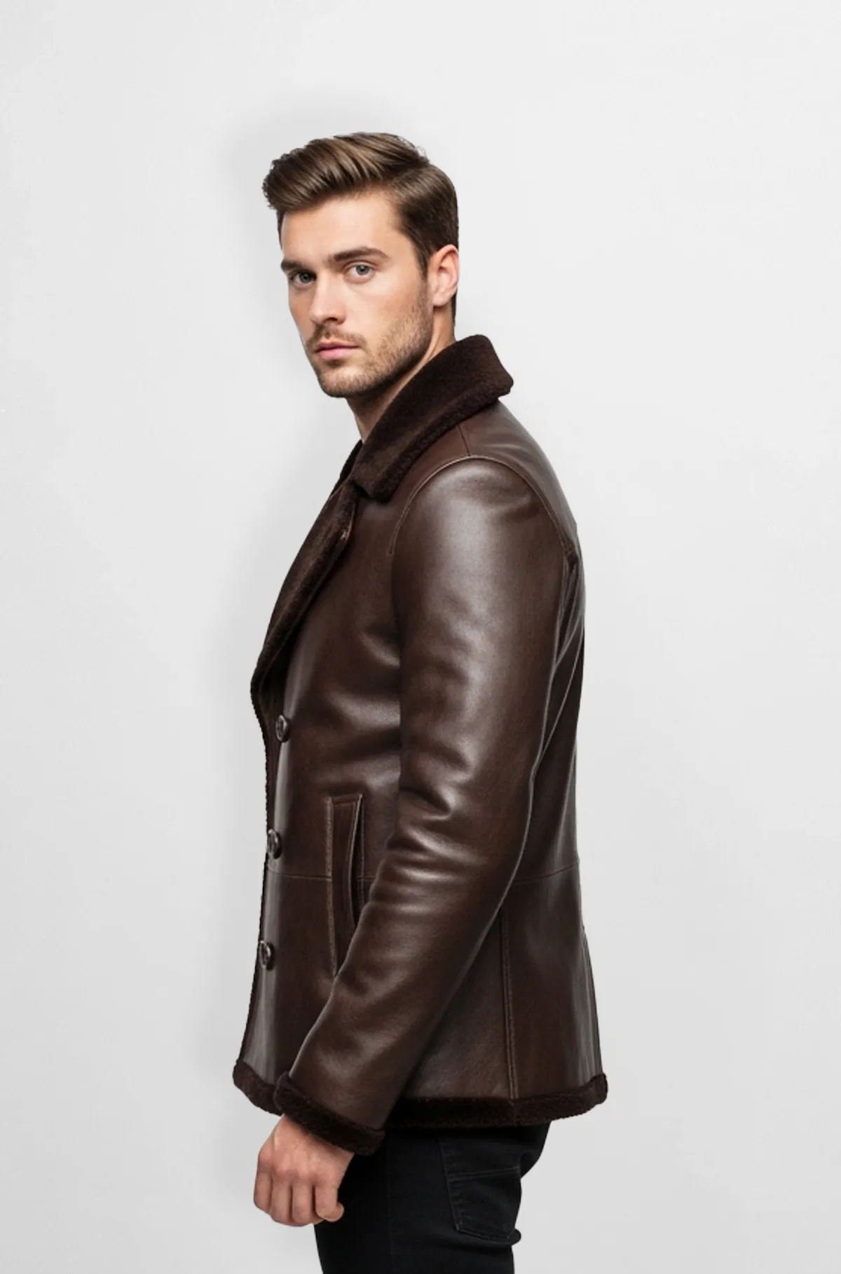 Shearling Leather Peacoat Jacket for Men