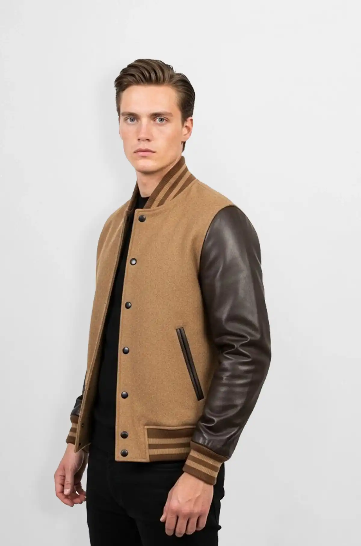 Signature Tan Varsity Leather Jacket Signature Tan Varsity Leather Jacket