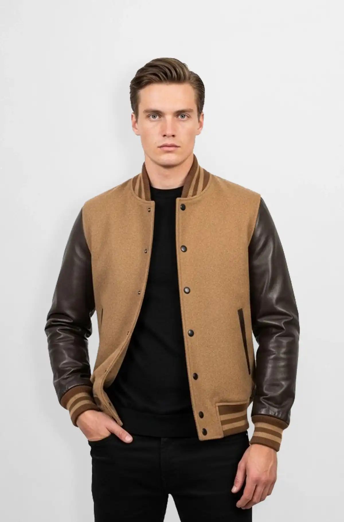 Signature Tan Varsity Leather Jacket Signature Tan Varsity Leather Jacket