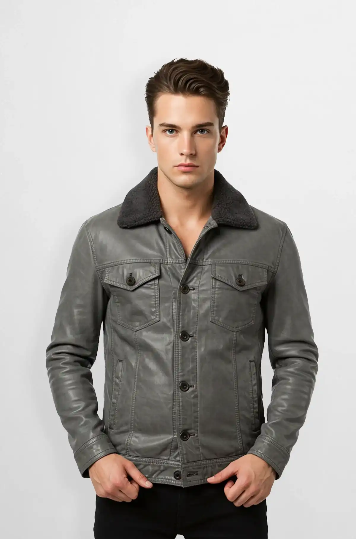 Slate Grey Leather Bomber Jacket