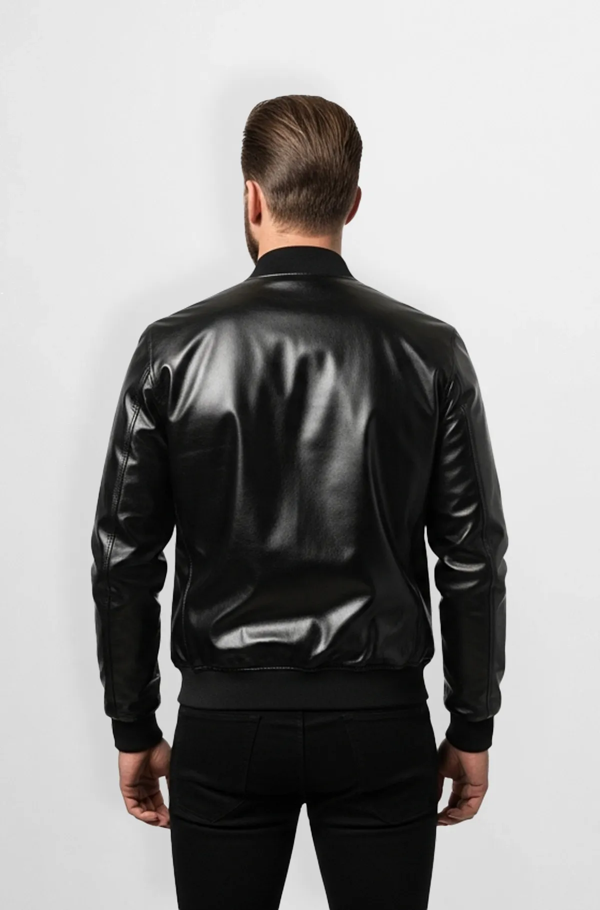 Sleek Black Leather Bomber Jacket