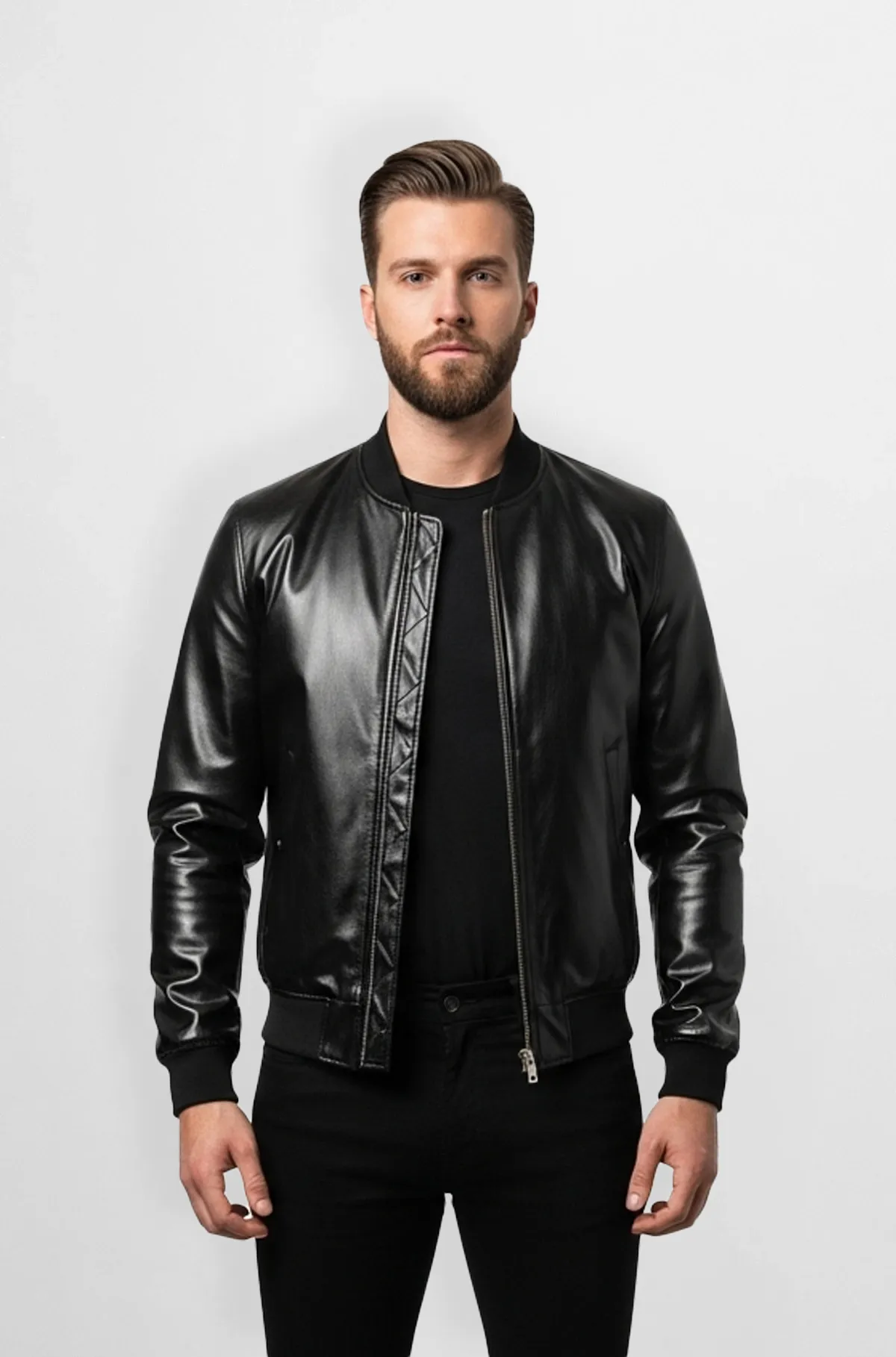 Sleek Black Leather Bomber Jacket