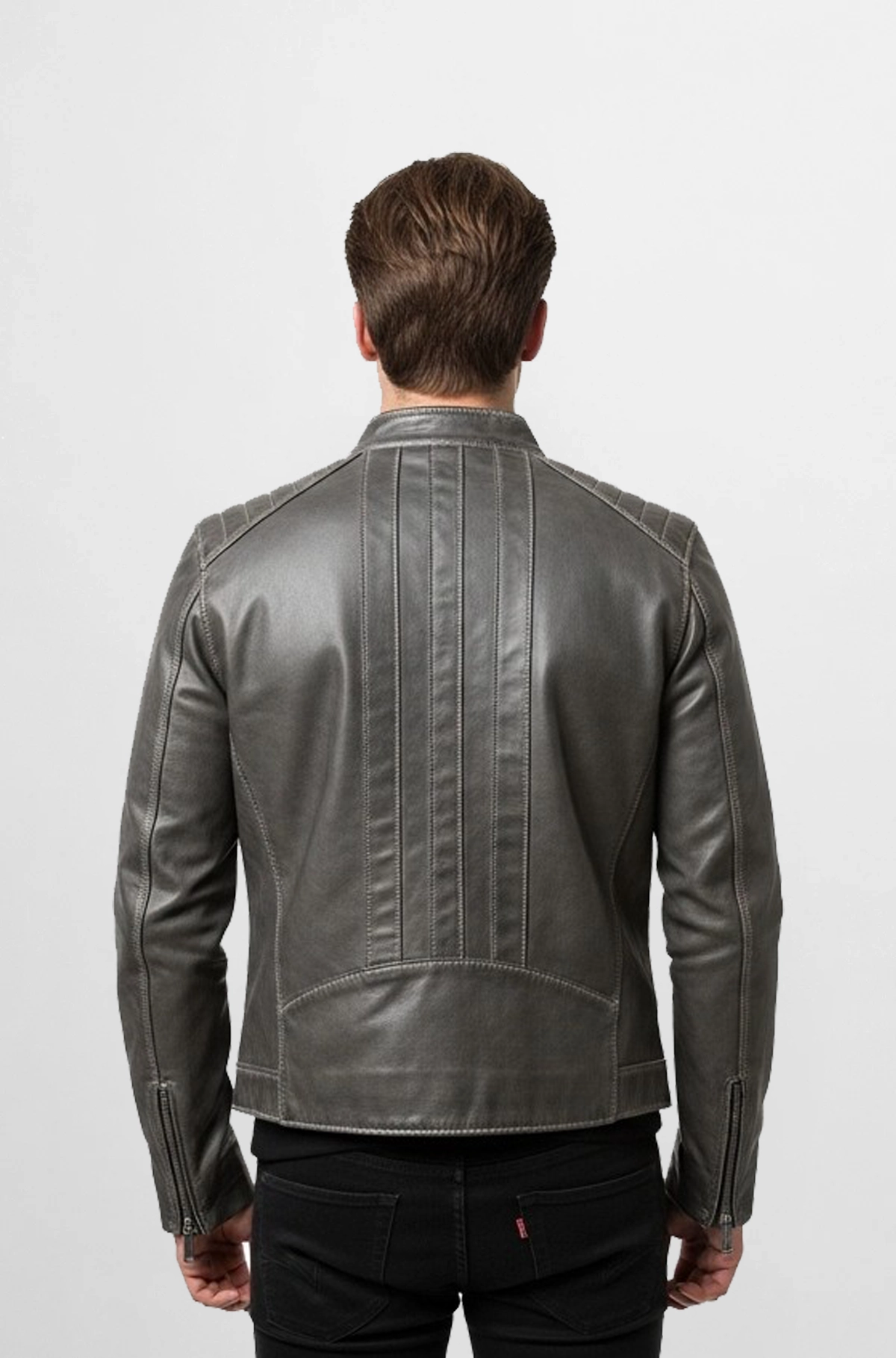 Sleek Charcoal Grey Leather Moto Jacket