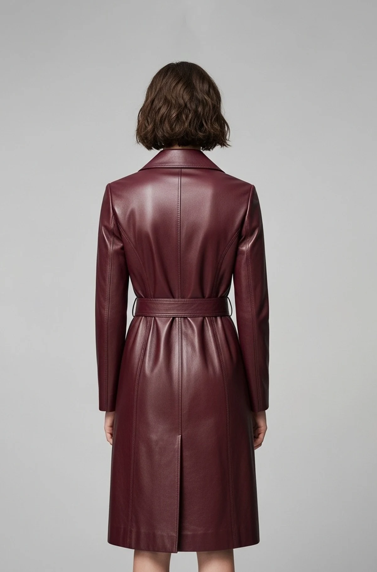 Slim Fit Burgundy Leather Trench Coat