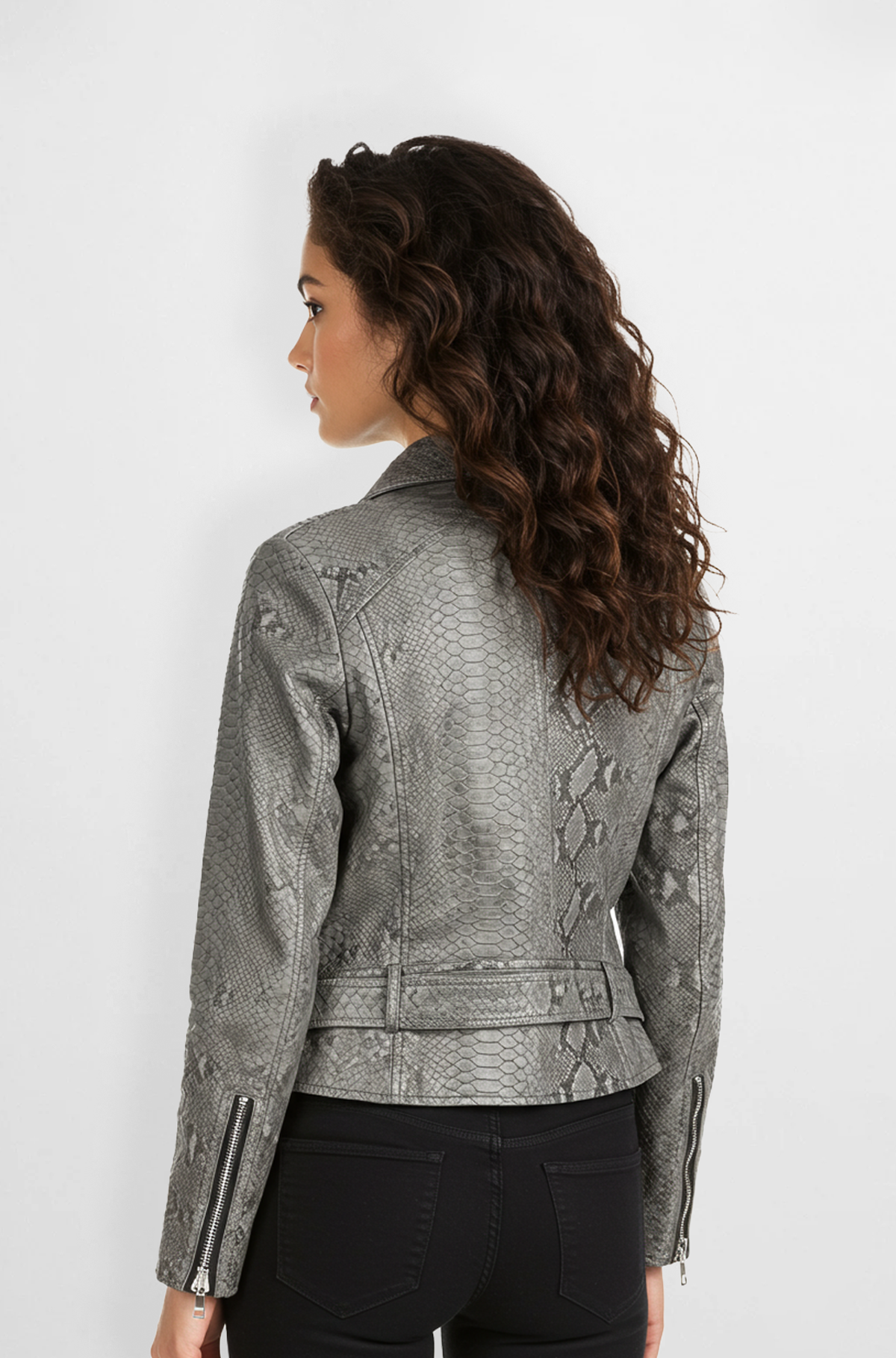 Snake Print Leather Biker Jacket