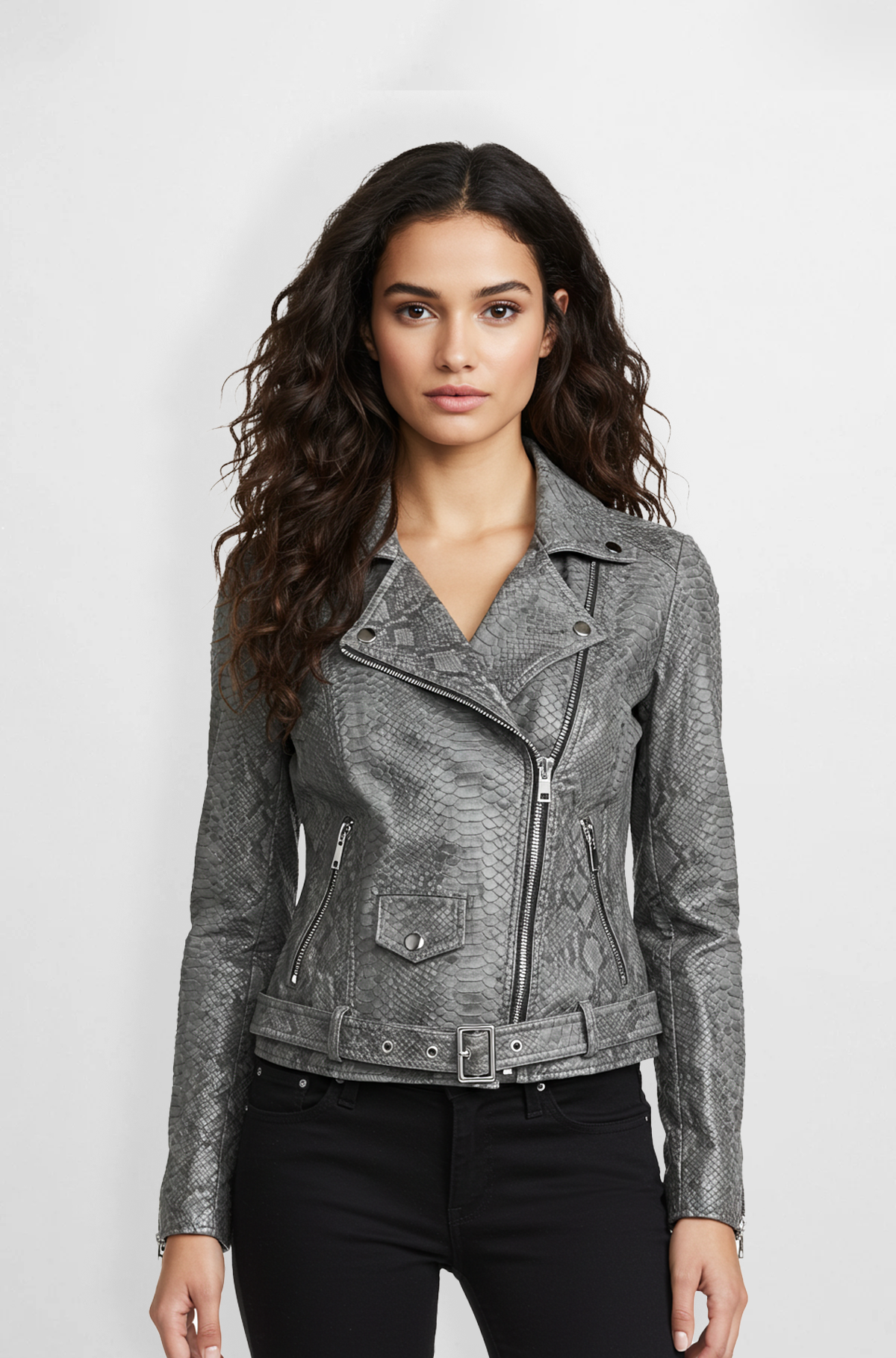 Snake Print Leather Biker Jacket