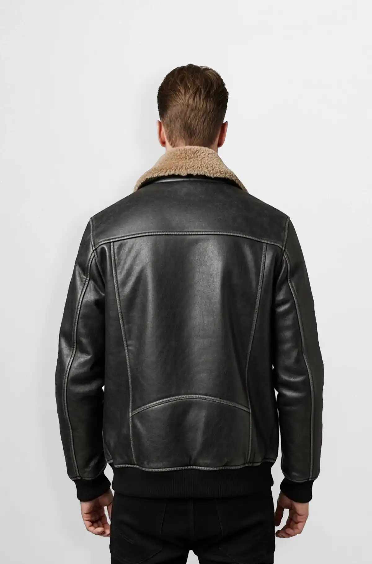 Soft Black Shearling Collar Bomber Leather Jacket