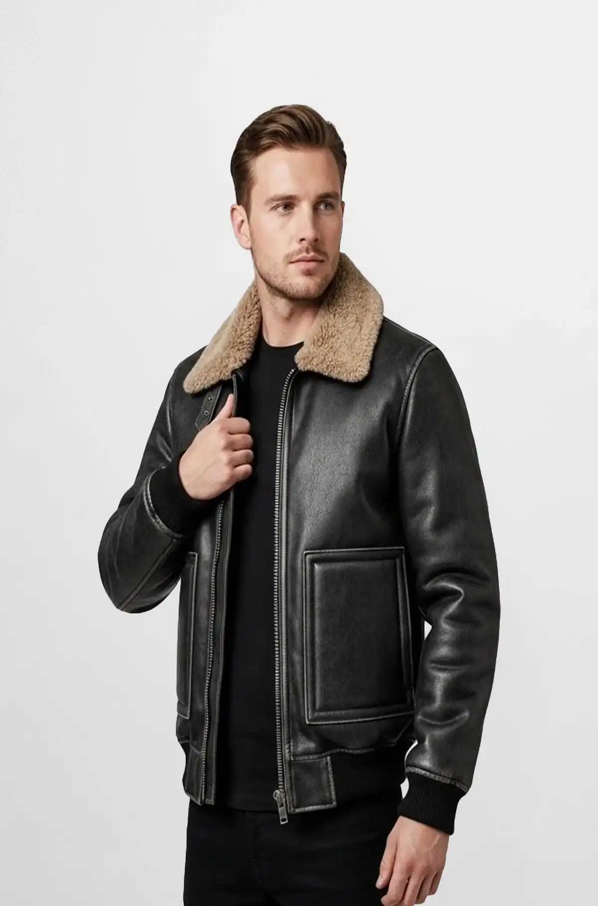 Soft Black Shearling Collar Bomber Leather Jacket