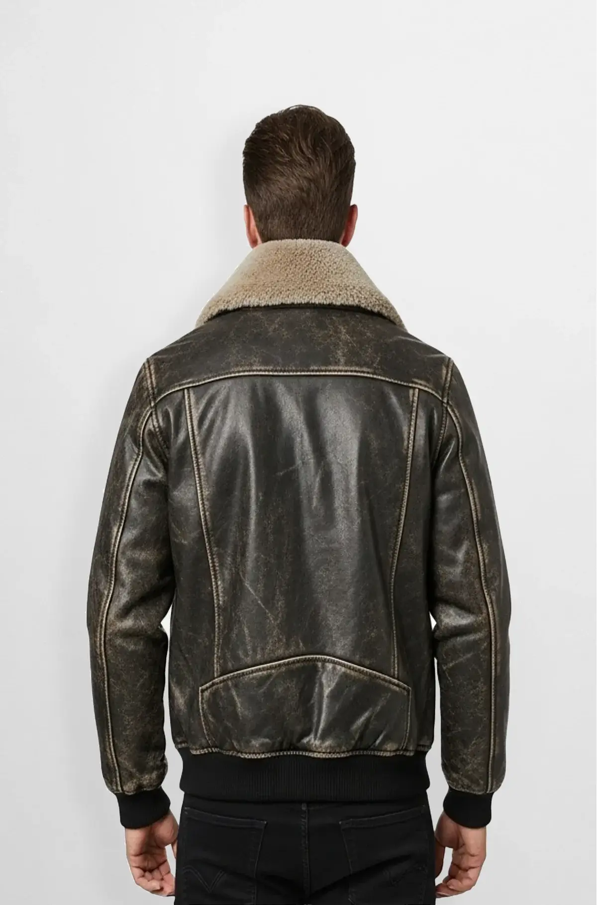 Soft Brown Leather Bomber Jacket with Shearling Collar