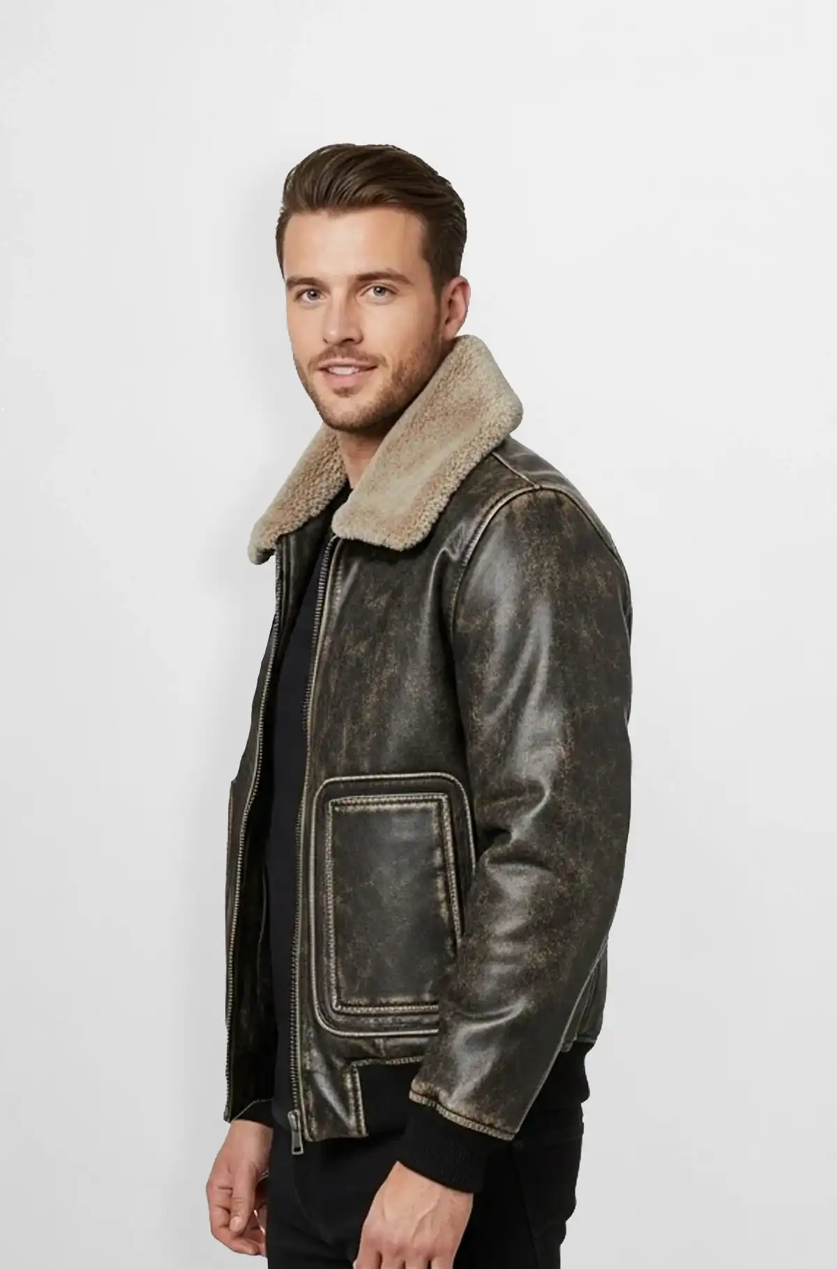 Soft Brown Leather Bomber Jacket with Shearling Collar