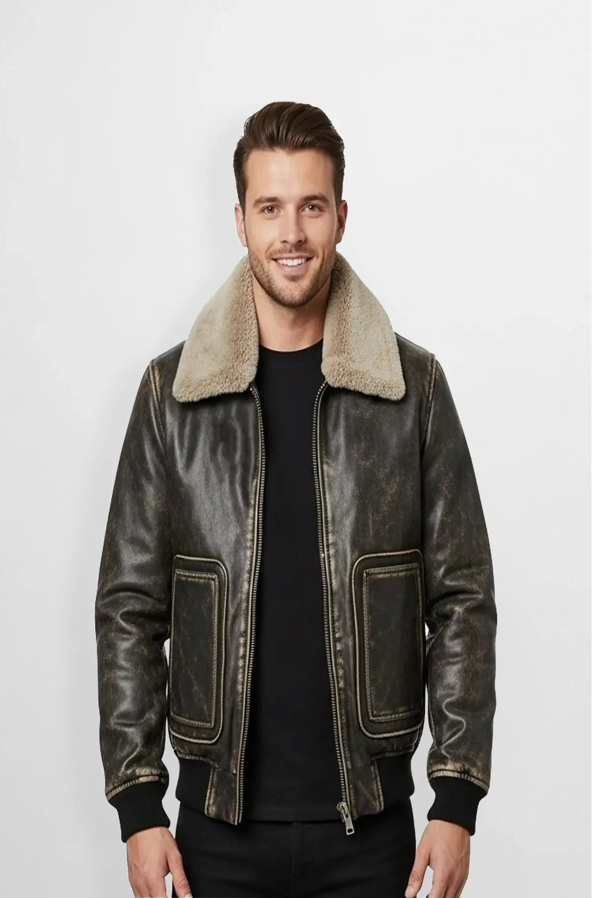 Soft Brown Leather Bomber Jacket with Shearling Collar