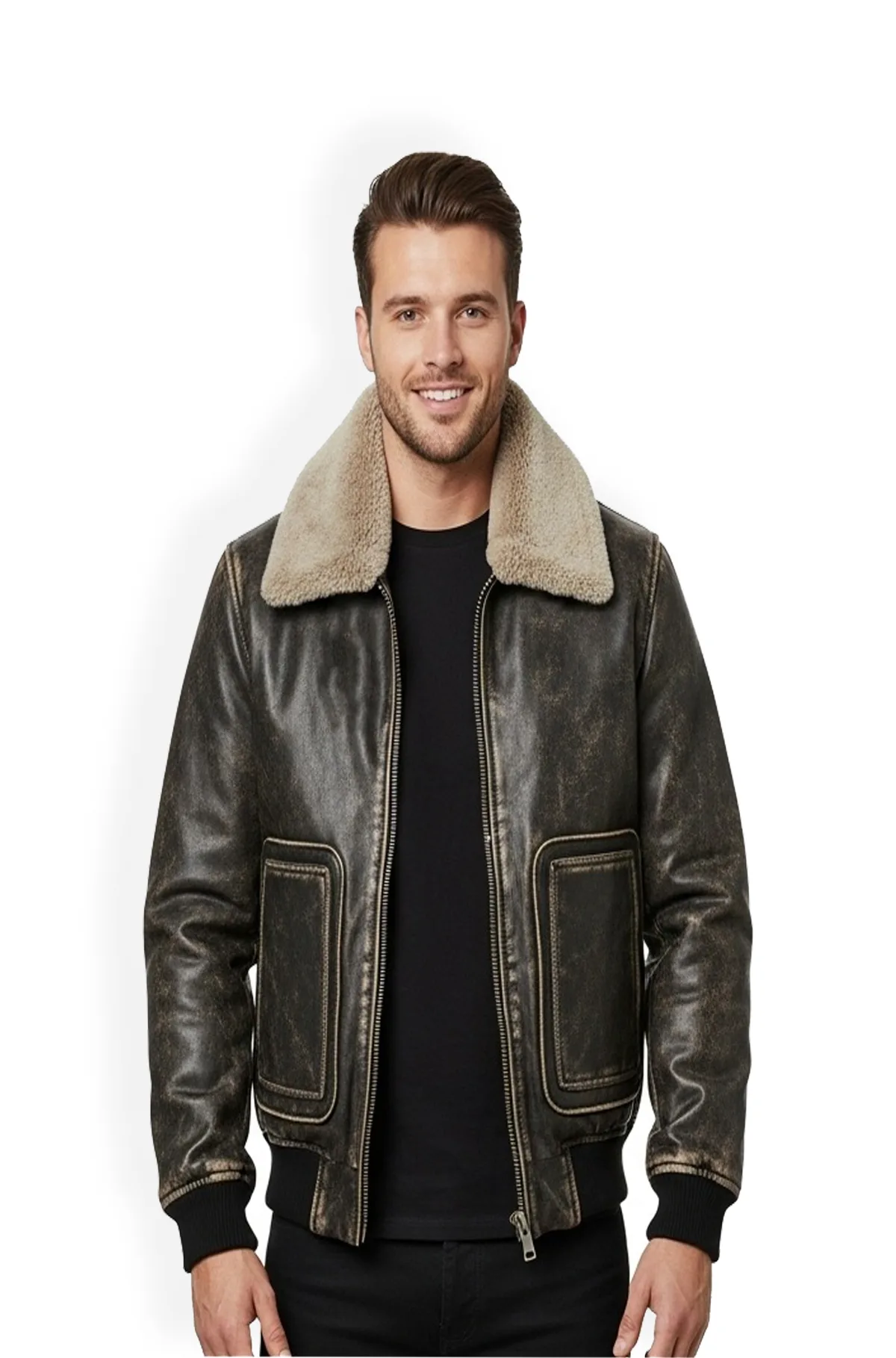Soft Brown Leather Bomber Jacket with Shearling Collar