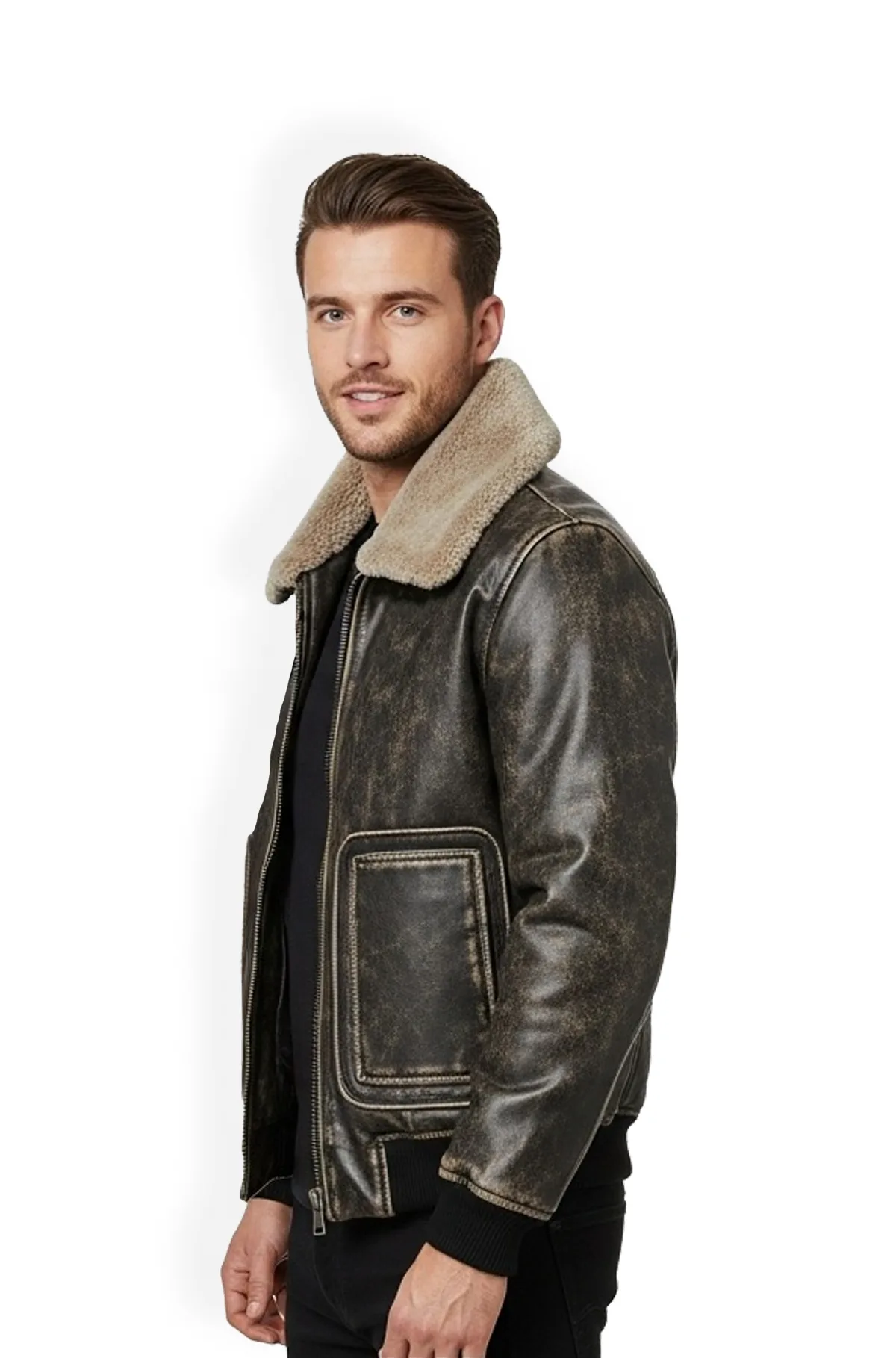 Soft Brown Leather Bomber Jacket with Shearling Collar