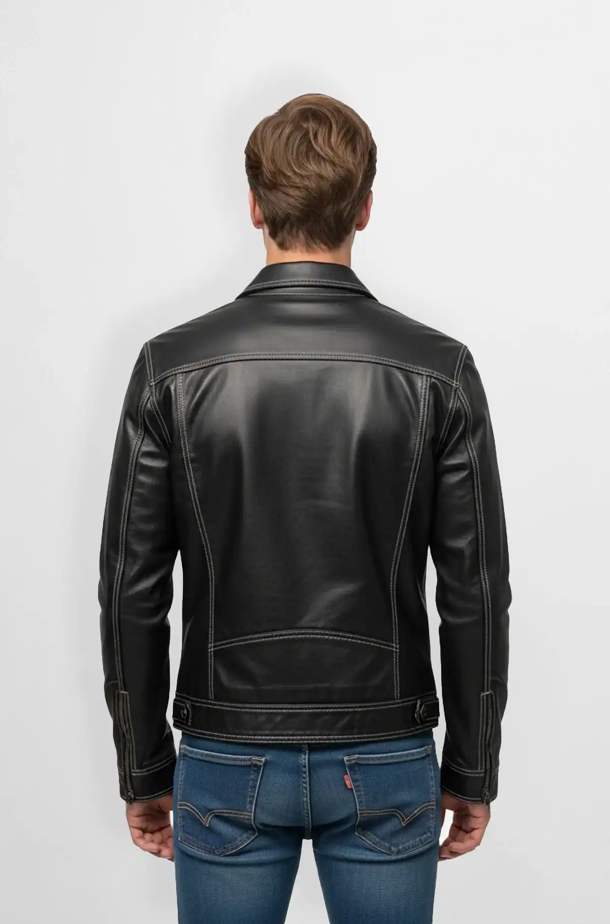 Stitched Black Leather Biker Jacket