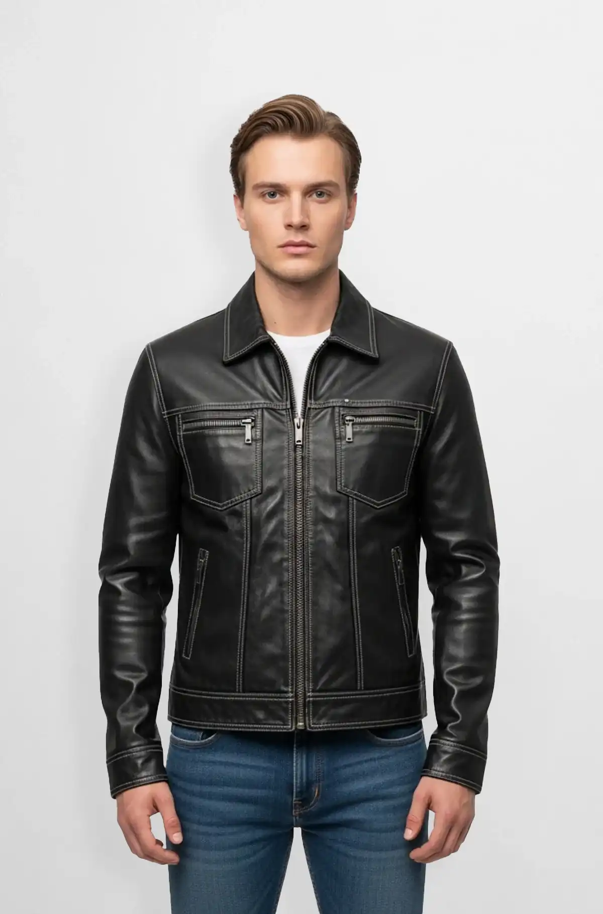 Stitched Black Leather Biker Jacket