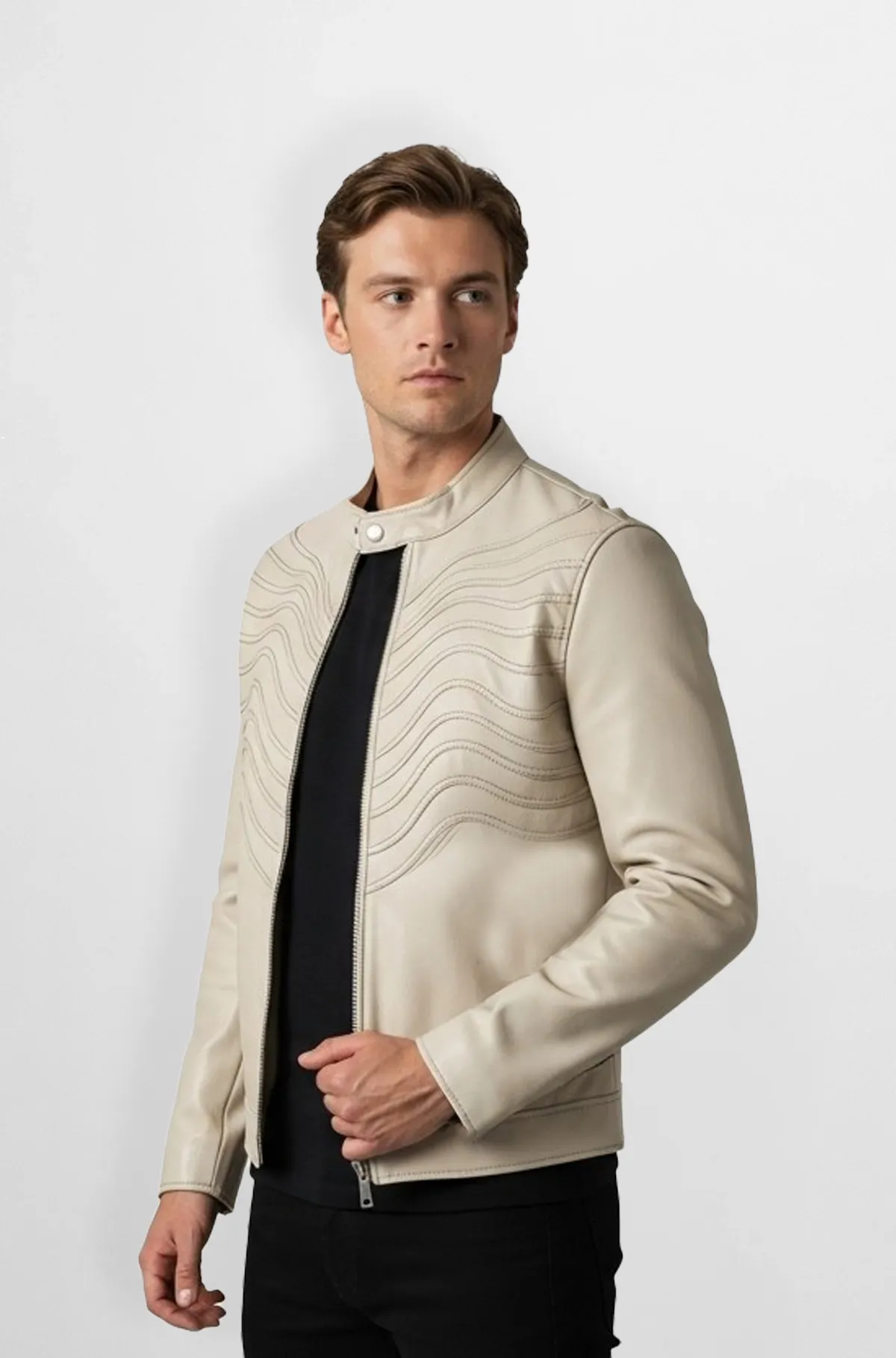 Stitched Cream Leather Bomber Jacket