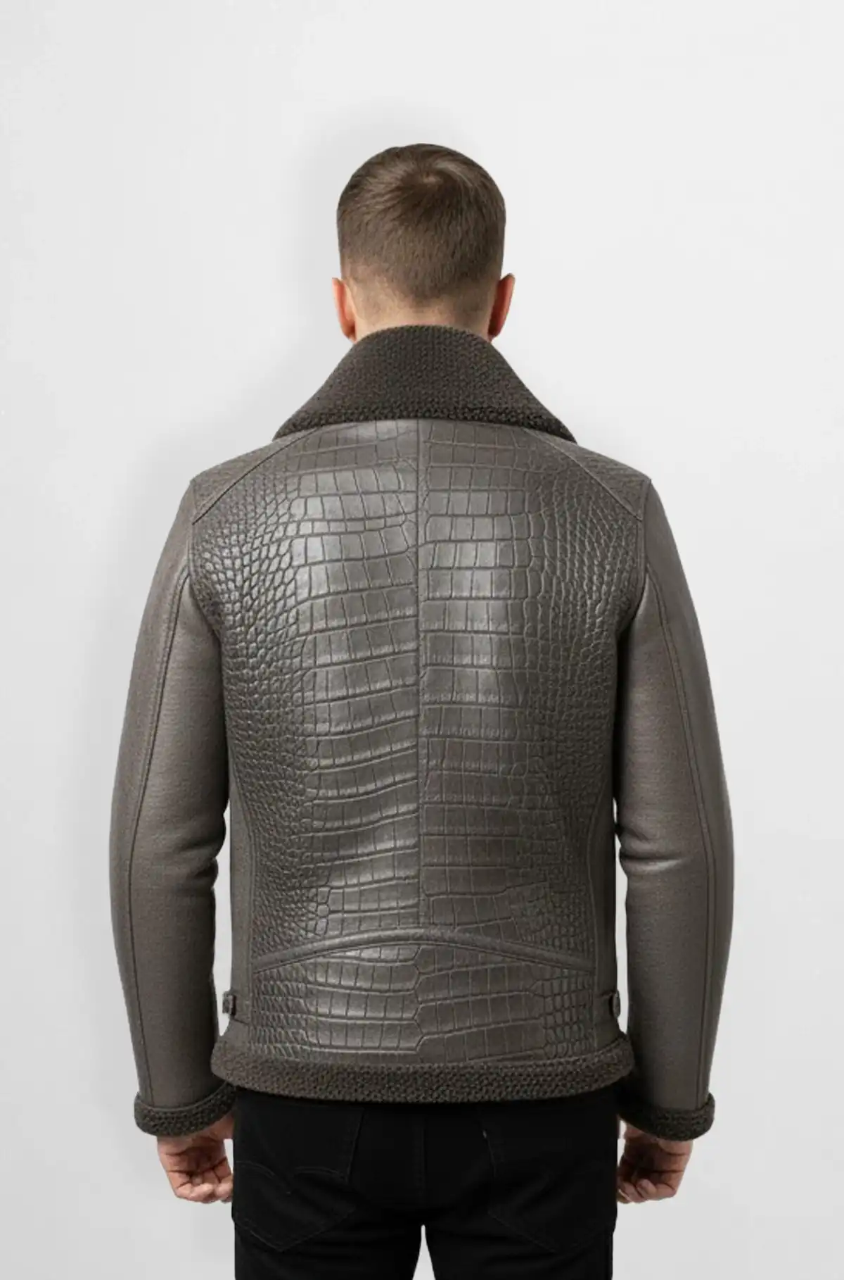 Stone hide Grey Croc Shearling Aviator Leather Jacket