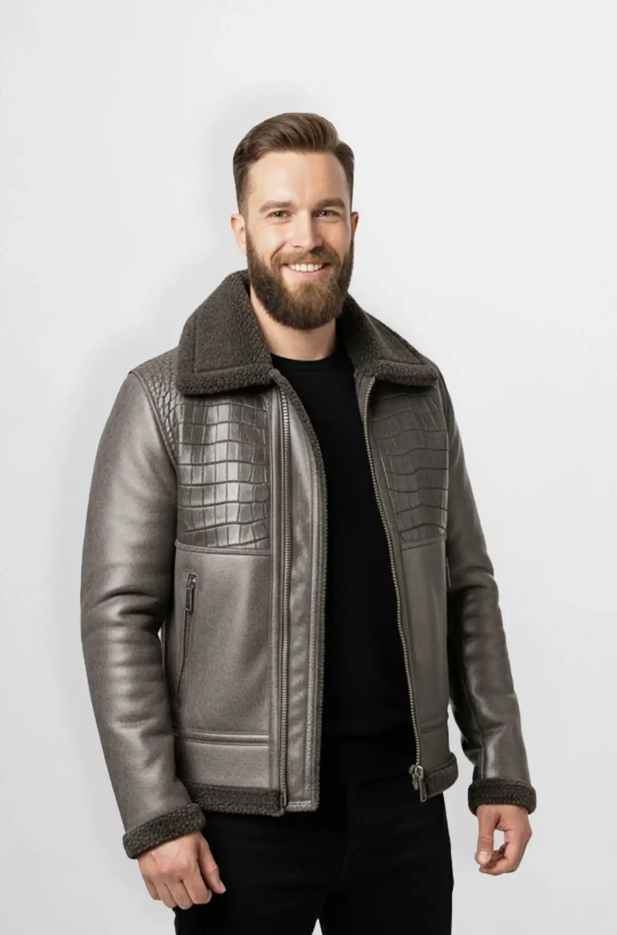 Stone hide Grey Croc Shearling Aviator Leather Jacket