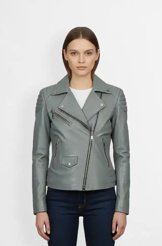 StormRide Light Grey Leather Biker Jacket
