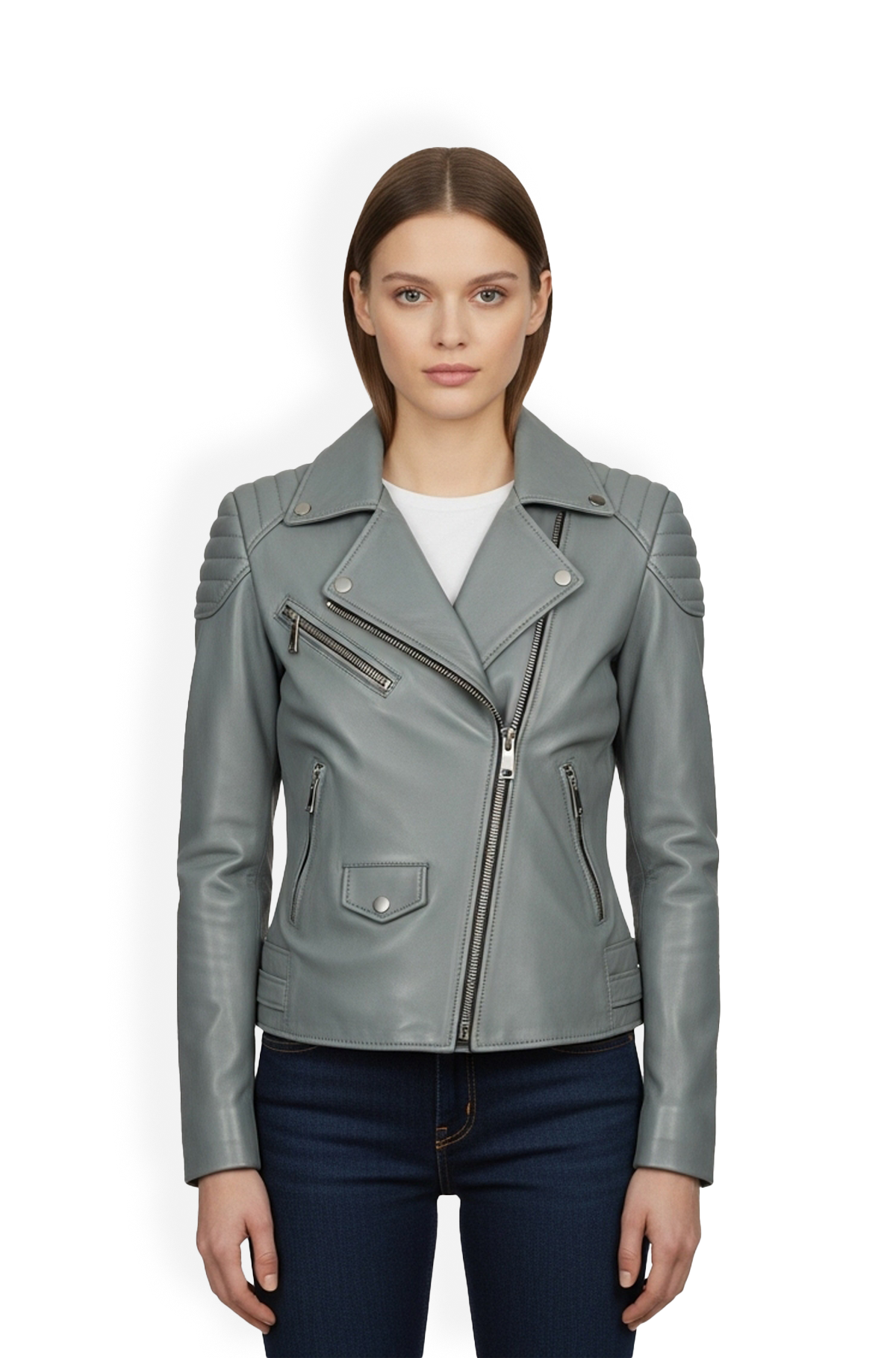 StormRide Light Grey Leather Biker Jacket
