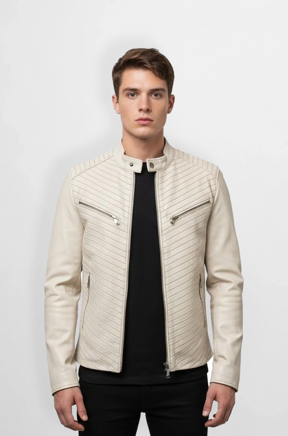 Straton Edge Cream Leather Biker Jacket
