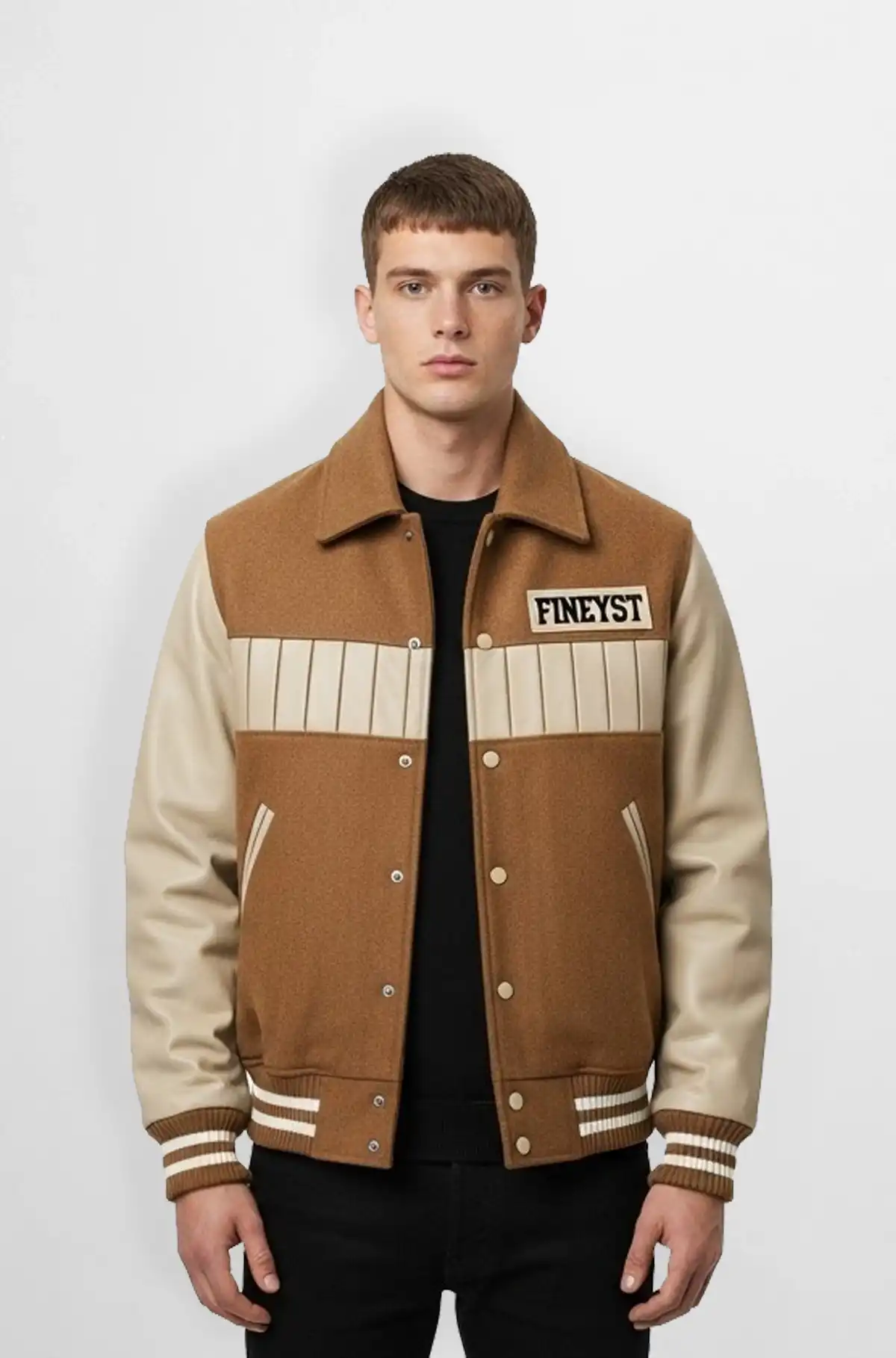 Tan and Cream Wool Leather Varsity Jacket