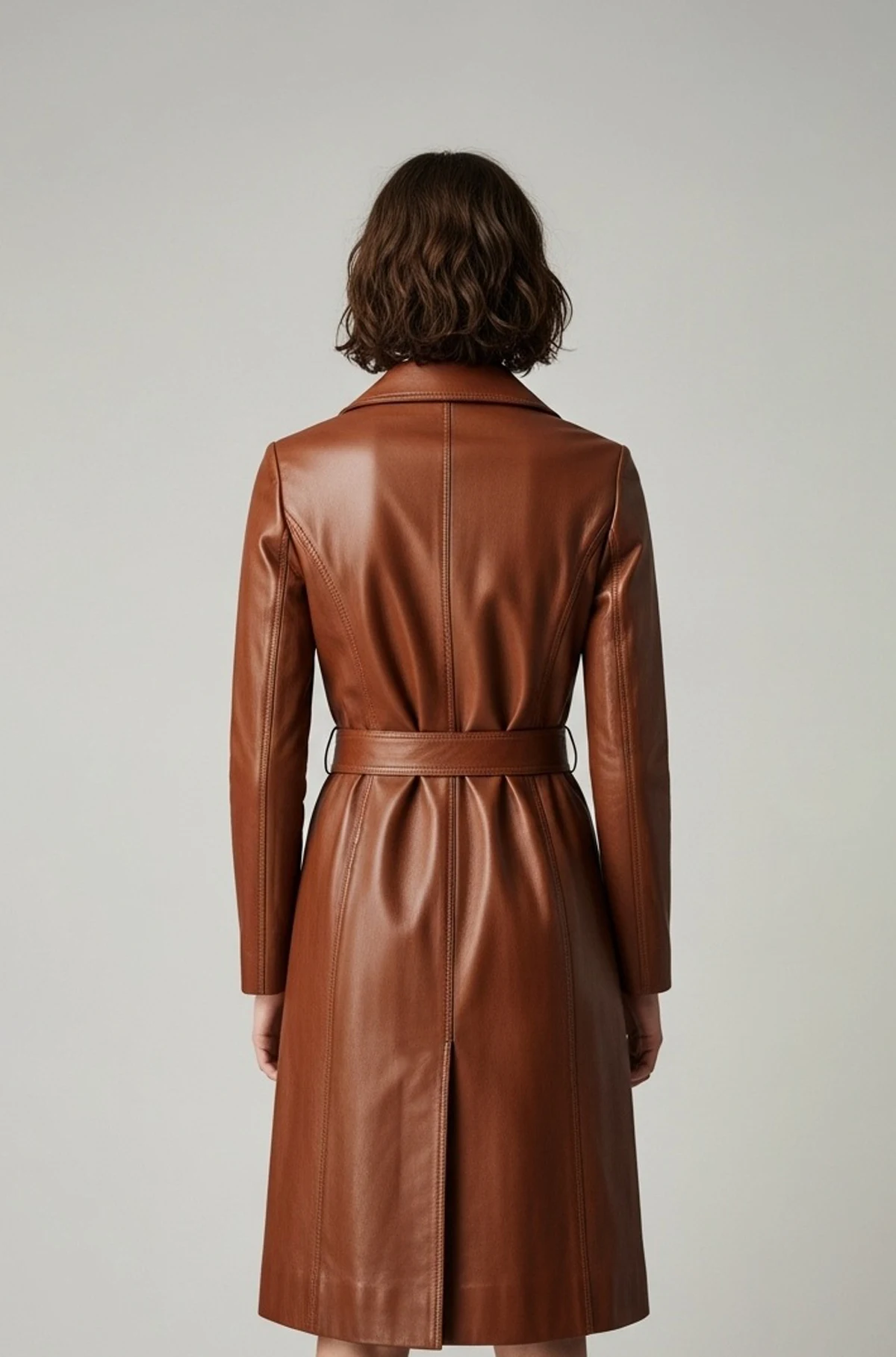 Tan Brown Leather Belted Trench Coat